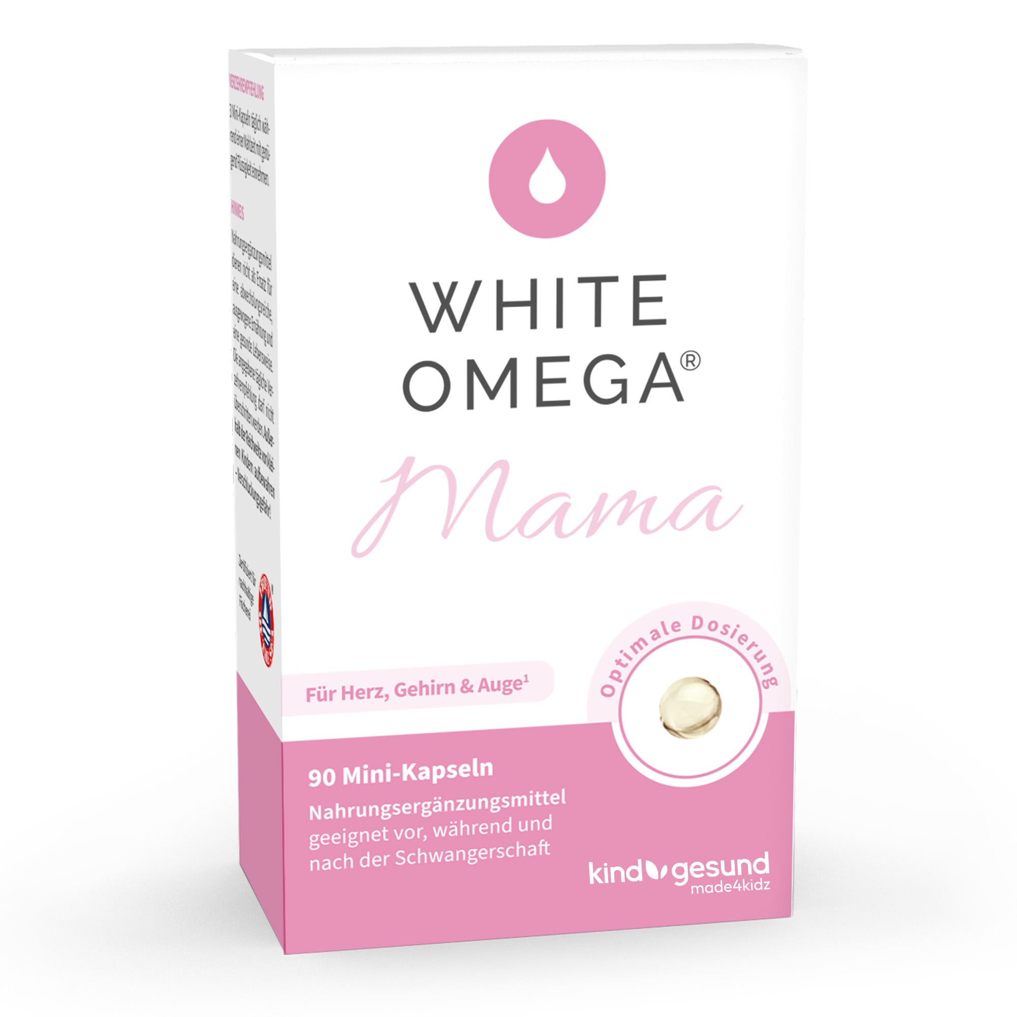 Packung mit 90 Mini-Kapseln von WHITE OMEGA Mama, Nahrungsergänzungsmittel für Herz, Gehirn und Auge, geeignet vor, während und nach der Schwangerschaft.