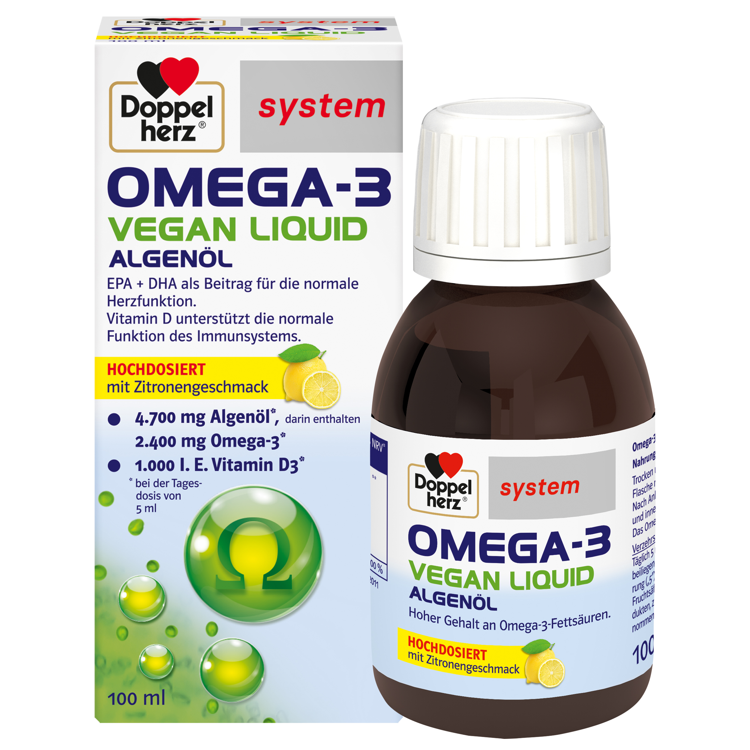Flasche mit Algenöl und Verpackung von Doppelherz, die Informationen zu Omega-3-Fettsäuren und Vitamin D enthält.