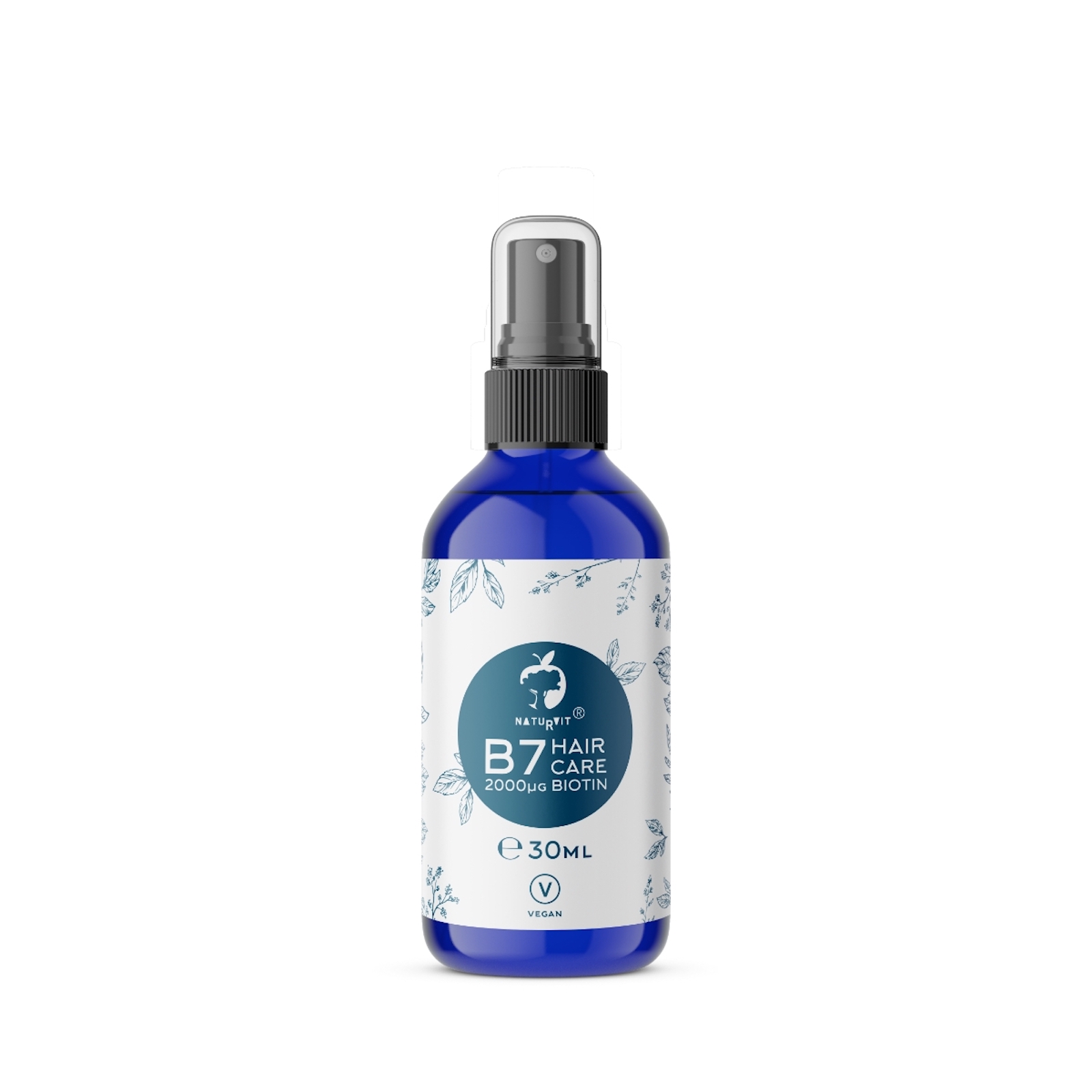 Blauflasche mit Sprühkopf, Etikett trägt den Text "B7 Hair Care 2000µg Biotin, 30ml, vegan".