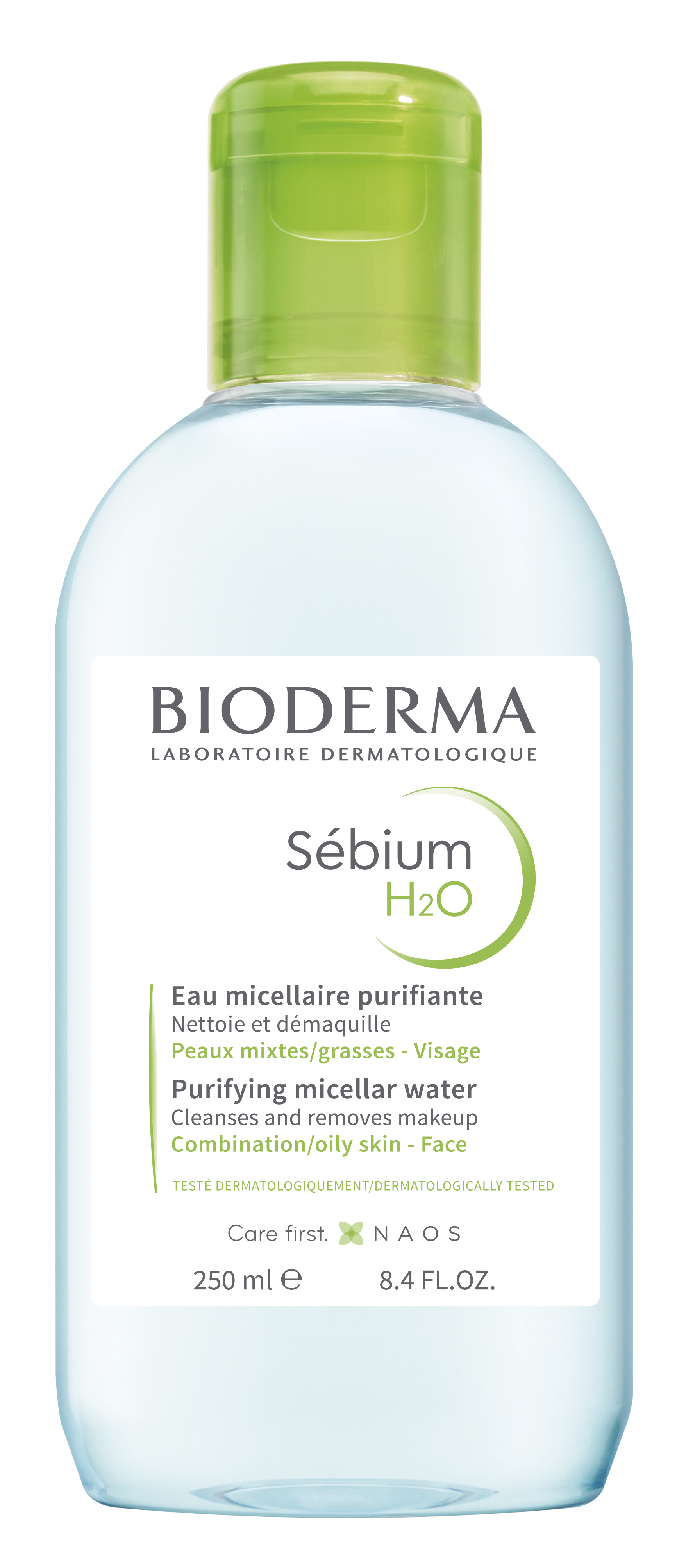 Flasche Bioderma Sébium H2O mit grünem Deckel, Etikett in Französisch und Englisch, 250 ml Inhalt.