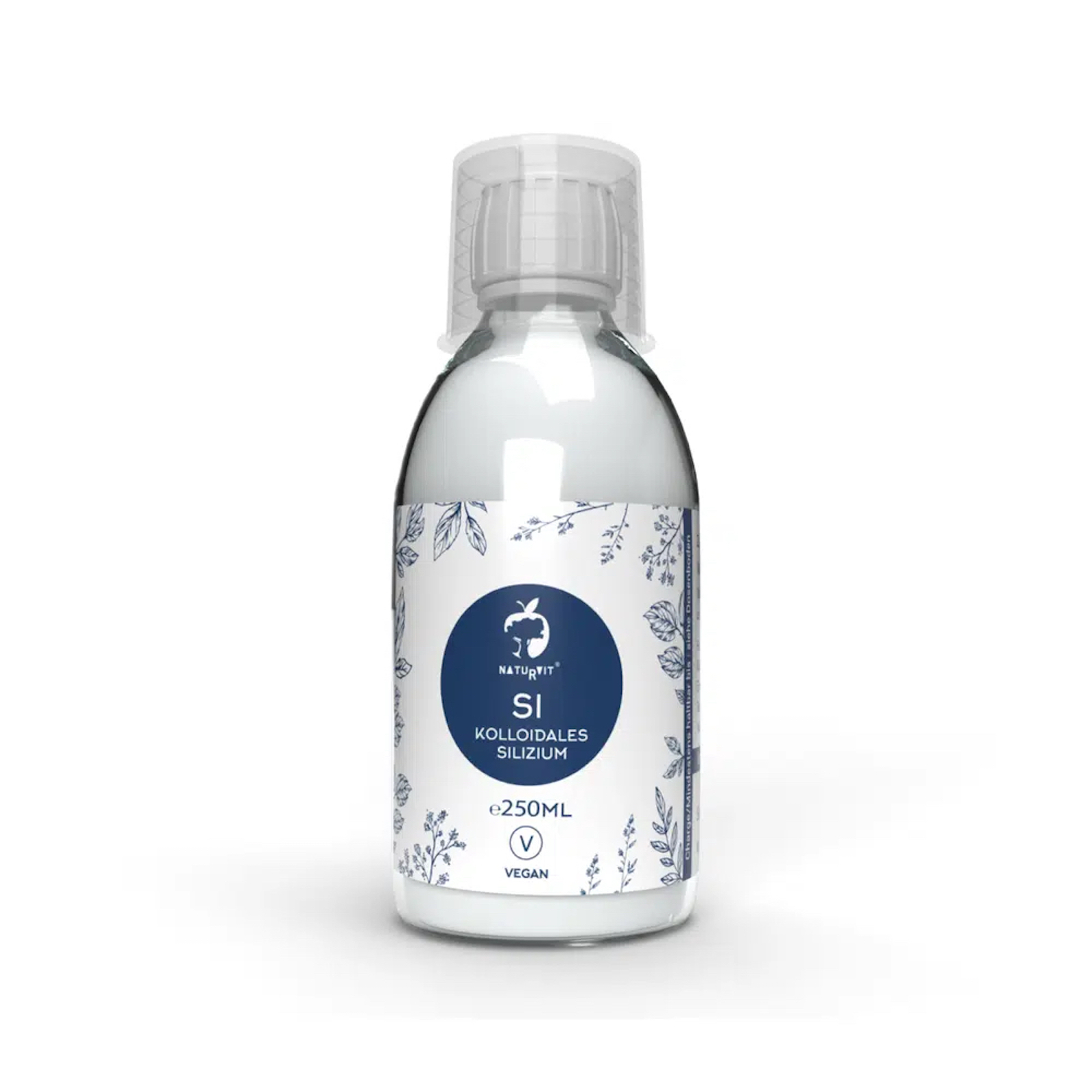 Flasche mit kolloidalem Silizium, 250 ml, veganes Produkt, dekoratives Etikett mit Pflanzenmotiven.