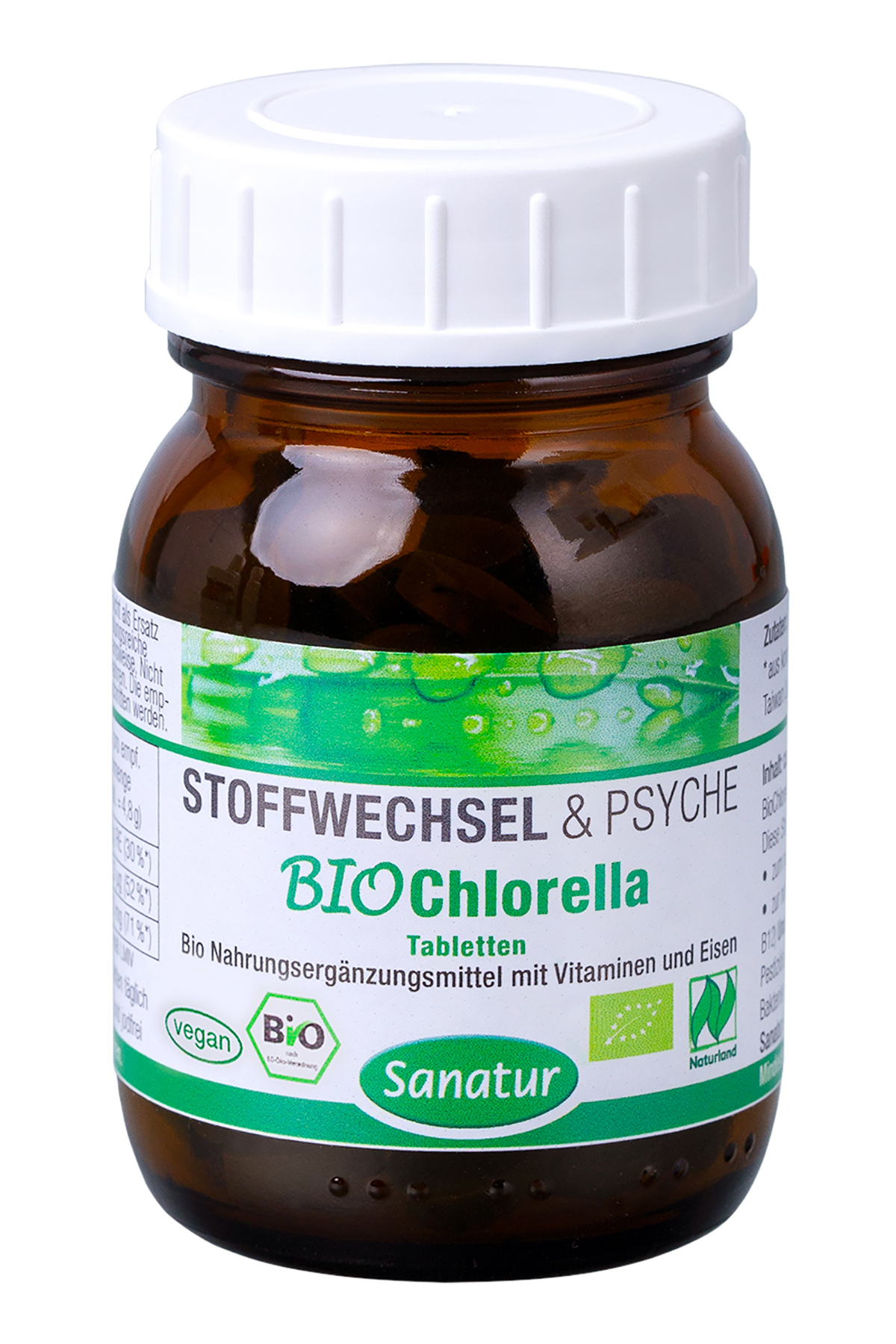 Braunes Glasgefäß mit einem weißen Deckel, beschriftet mit "STOFFWECHSEL & PSYCHE BIO Chlorella Tabletten" und Informationen zu Inhaltsstoffen.
