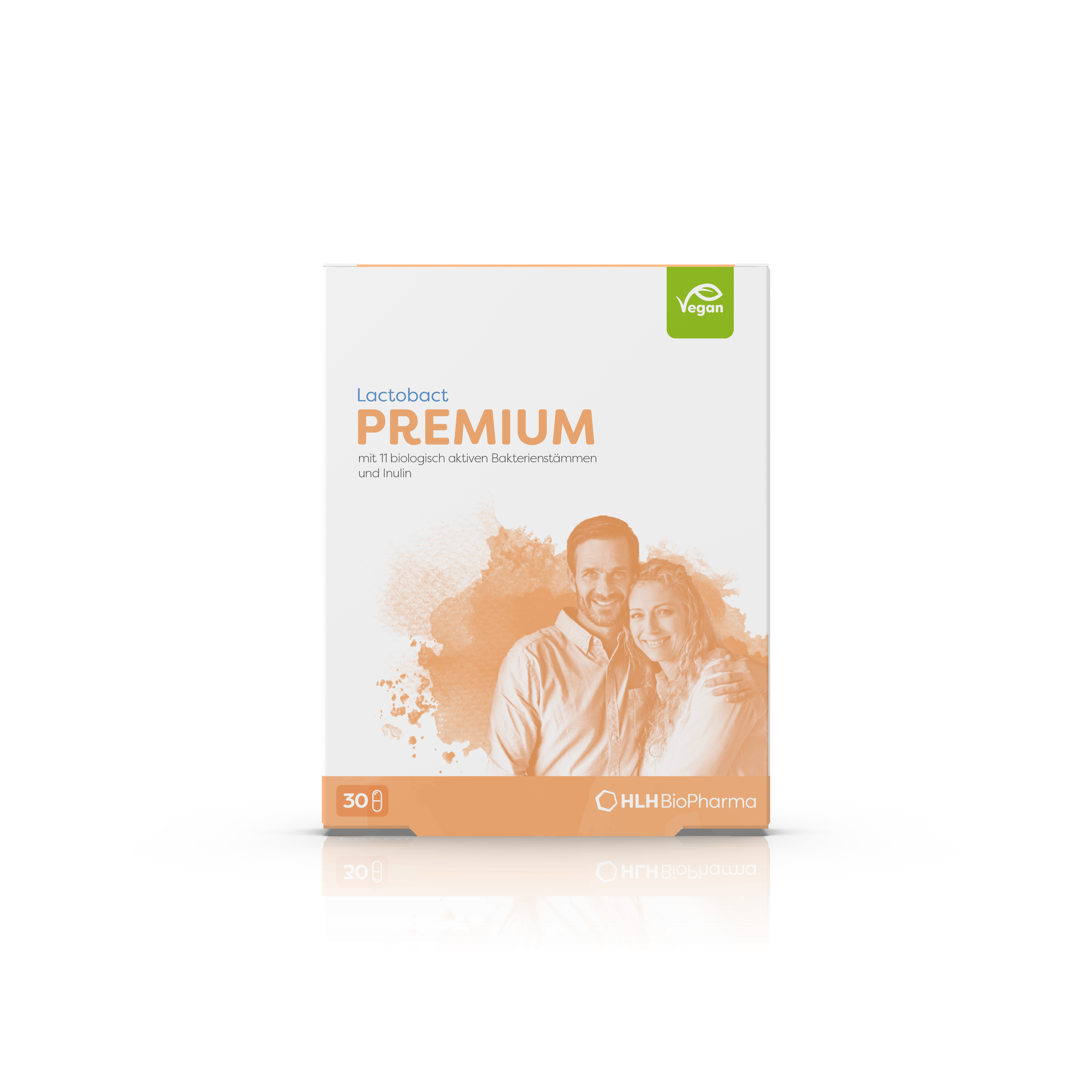 Verpackung von Lactobact PREMIUM mit der Aufschrift "Lactobact PREMIUM", "30 Kapseln" und dem Hinweis "Vegan".
