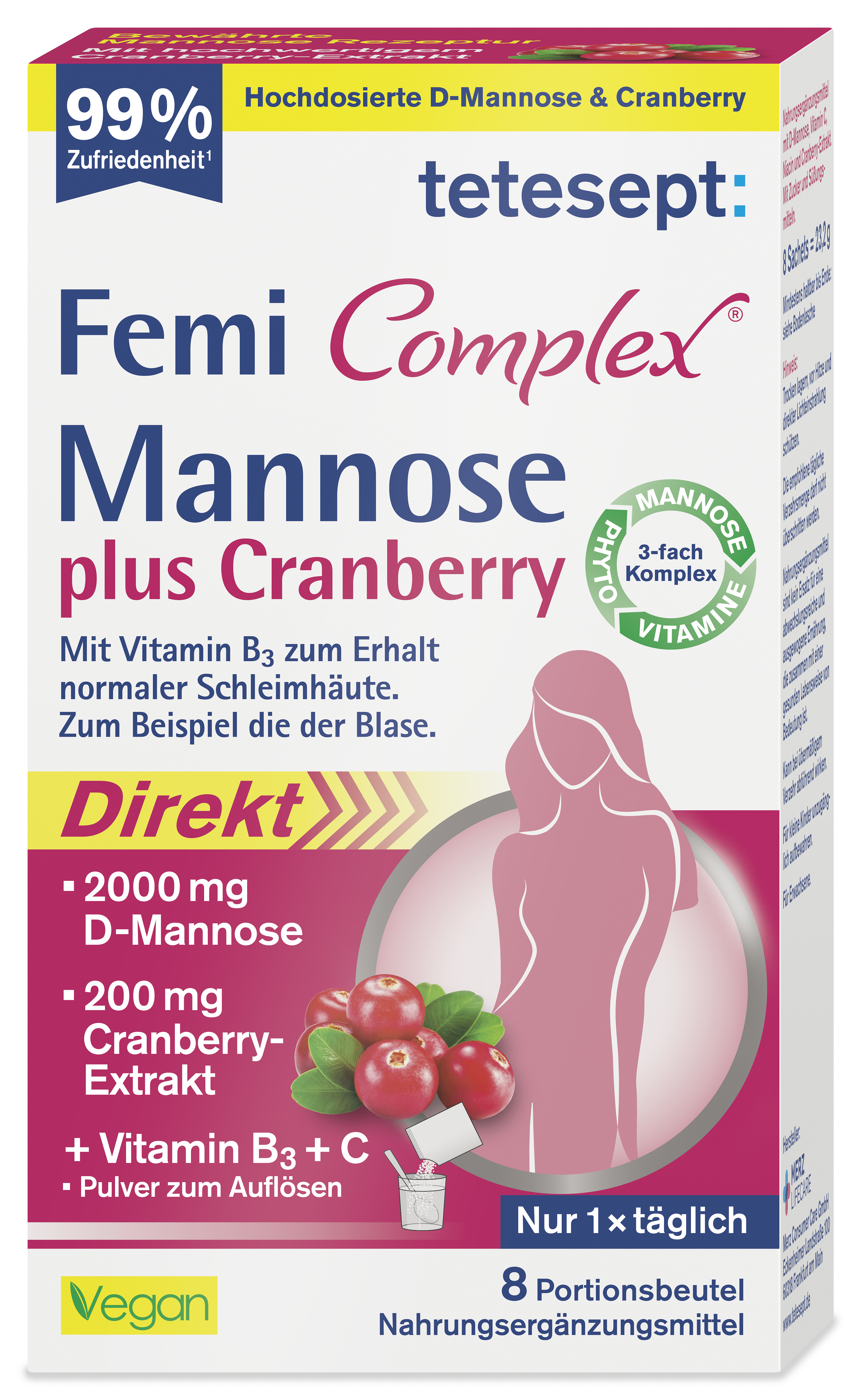 Packungsdesign von tetesept Fem Complex Mannose plus Cranberry, mit Angaben zu Inhaltsstoffen und Anwendungshinweisen.