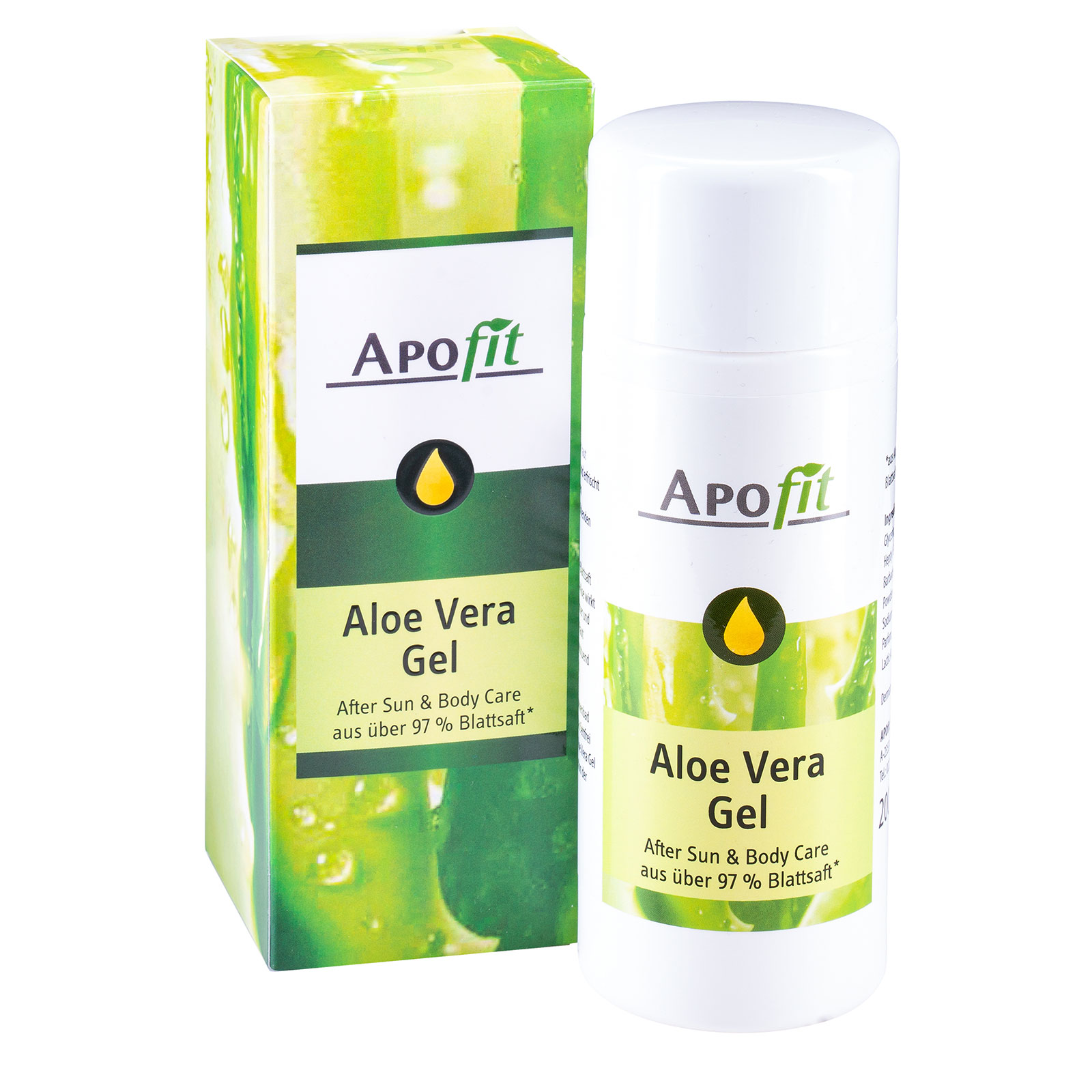 Weißes Pumpfläschchen mit Aloe Vera Gel und grünem Karton. Auf dem Fläschchen steht "Apo fit Aloe Vera Gel" und "After Sun & Body Care aus über 97 % Blattsaft".