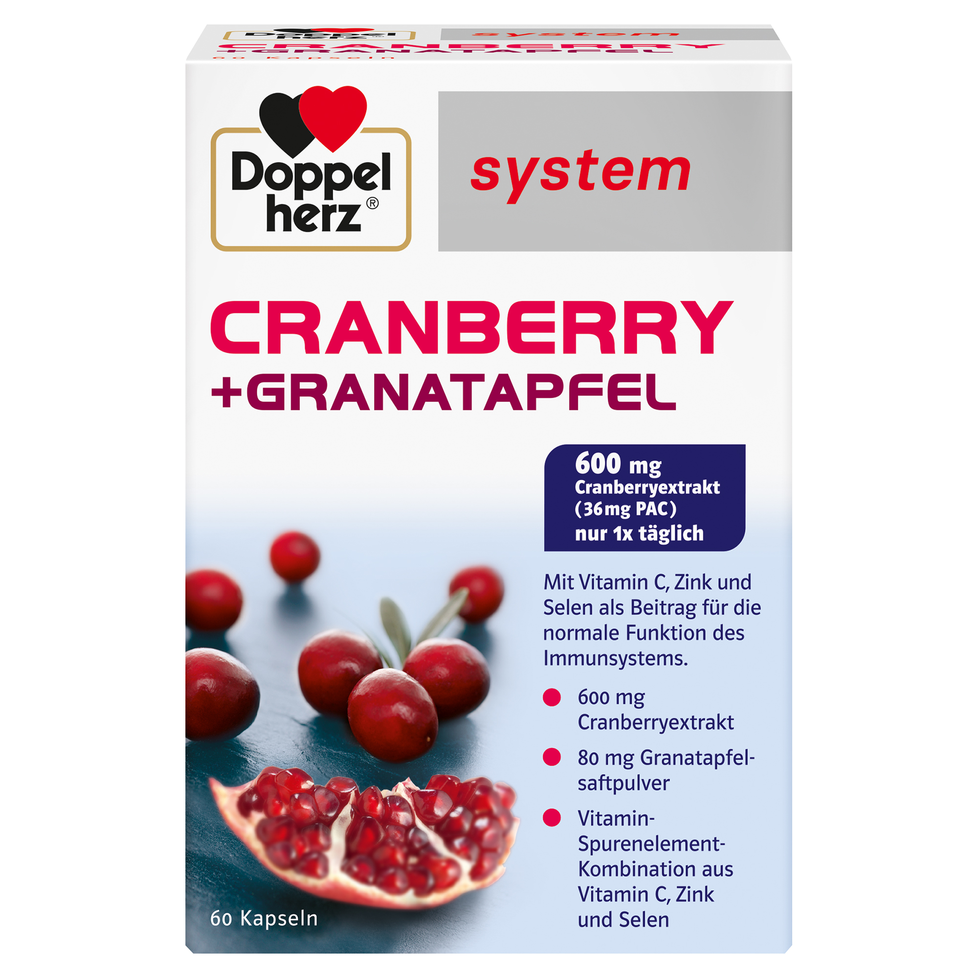 Packung mit Cranberry- und Granatapfel-Kapseln von Doppelherz, beschriftet mit Inhaltsstoffen und Anwendungshinweisen.