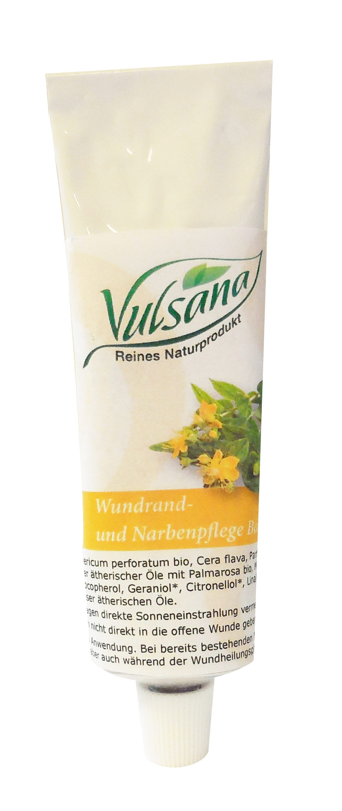 Tube mit Wundrand- und Narbenpflege von Vulsana, die natürliche Inhaltsstoffe enthält.