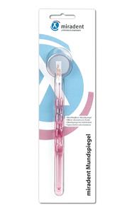 Verpackung eines Mundpflegeprodukts von miradent mit einer farbigen Zahnbürste und einem Reinigungsaufsatz.