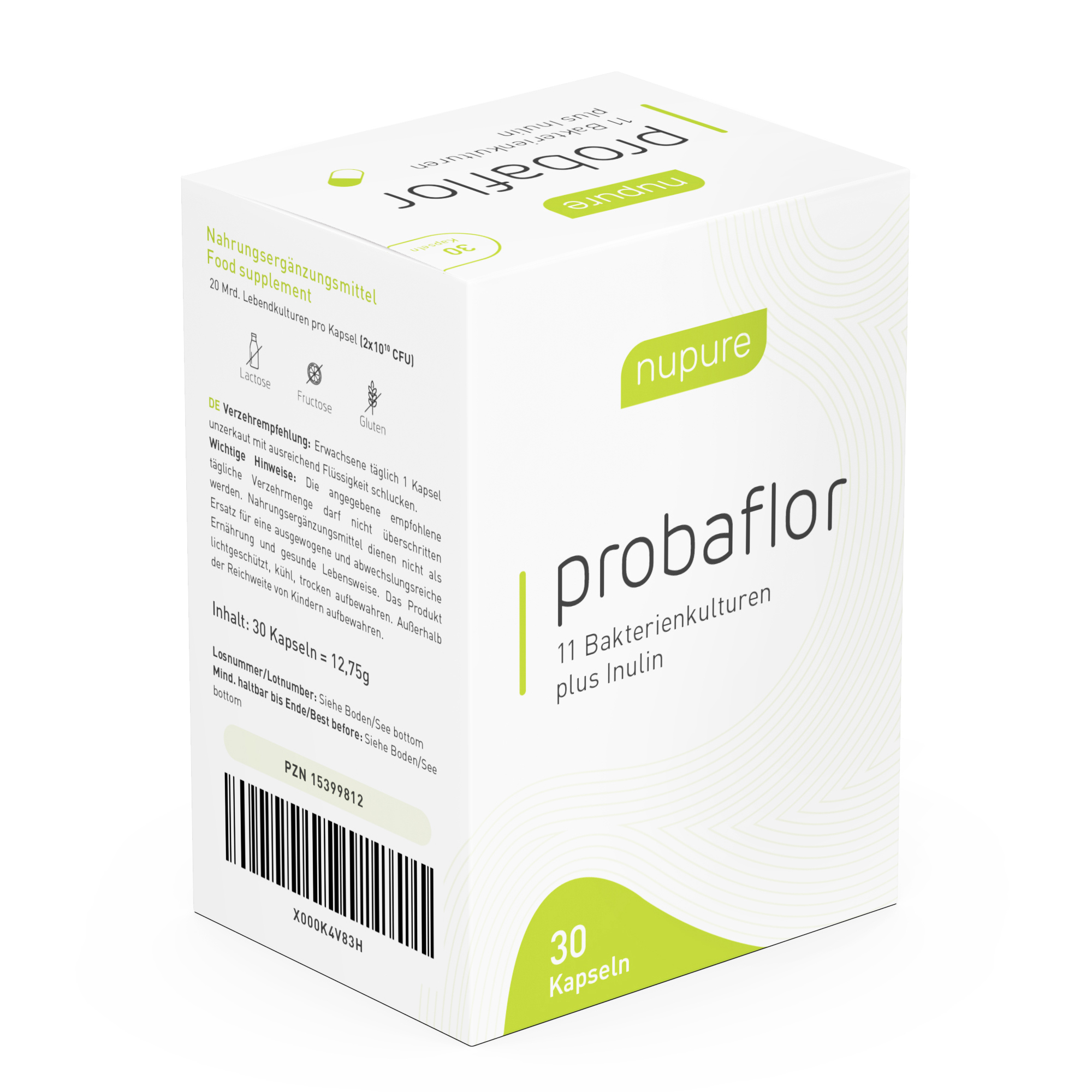 Verpackung von "probaflor" Nahrungsergänzungsmittel mit 30 Kapseln, enthält 11 Bakterienkulturen und Inulin.