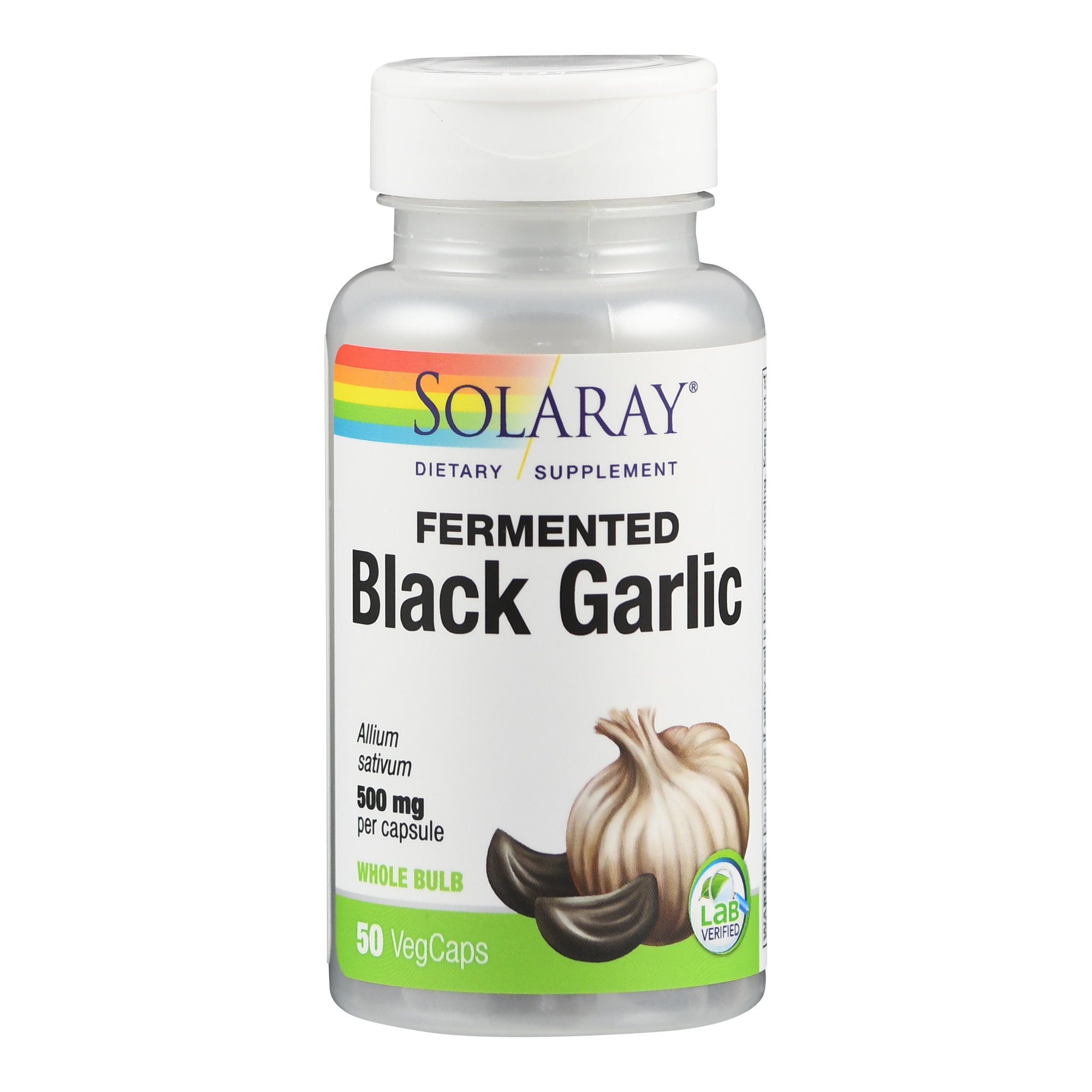 Flasche mit fermentiertem schwarzen Knoblauch, 500 mg pro Kapsel, 50 vegane Kapseln.