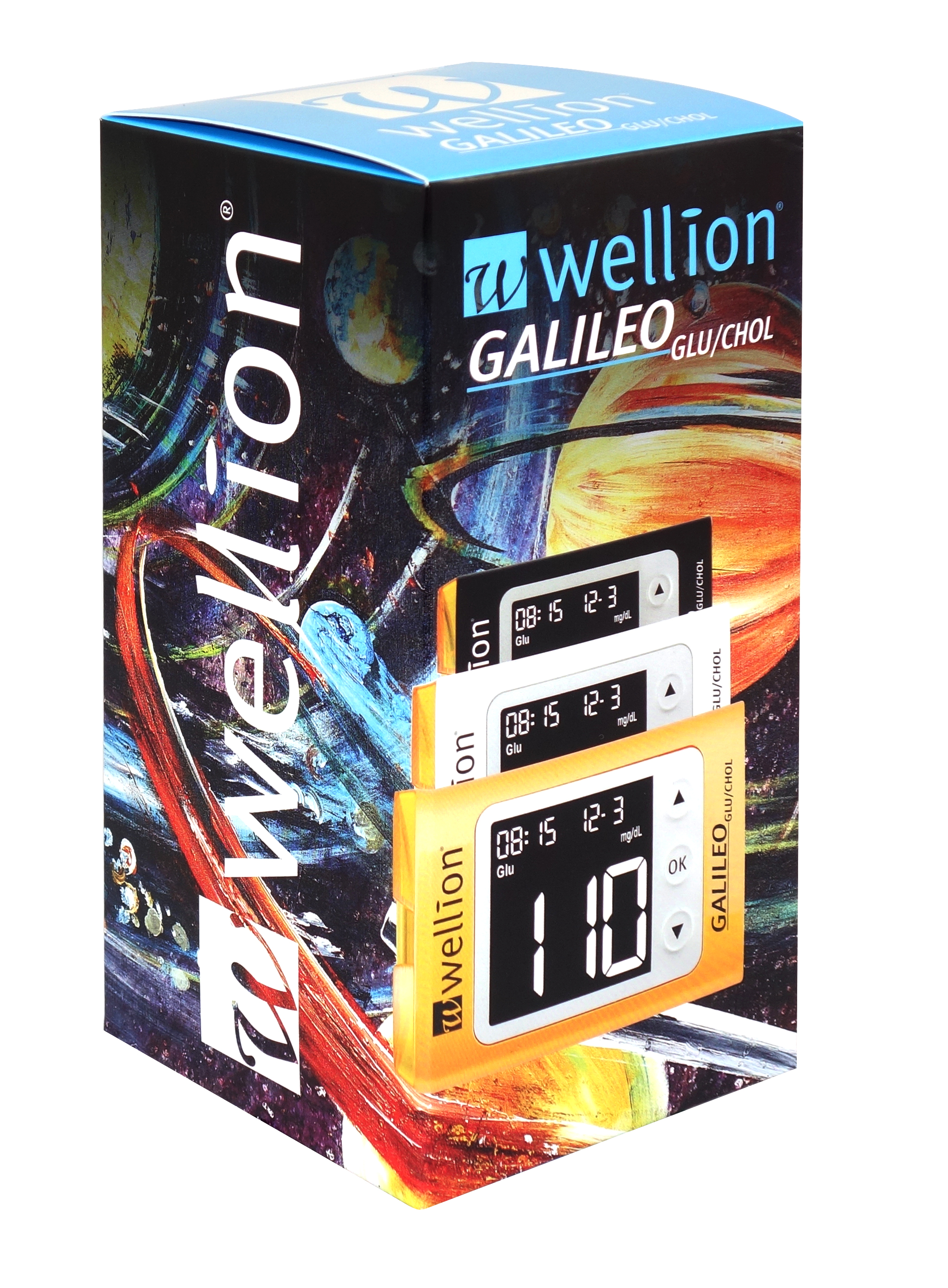 Verpackung des Wellion Galileo GLU/CHOL Messgeräts mit drei Displays und farbenfrohem Design.