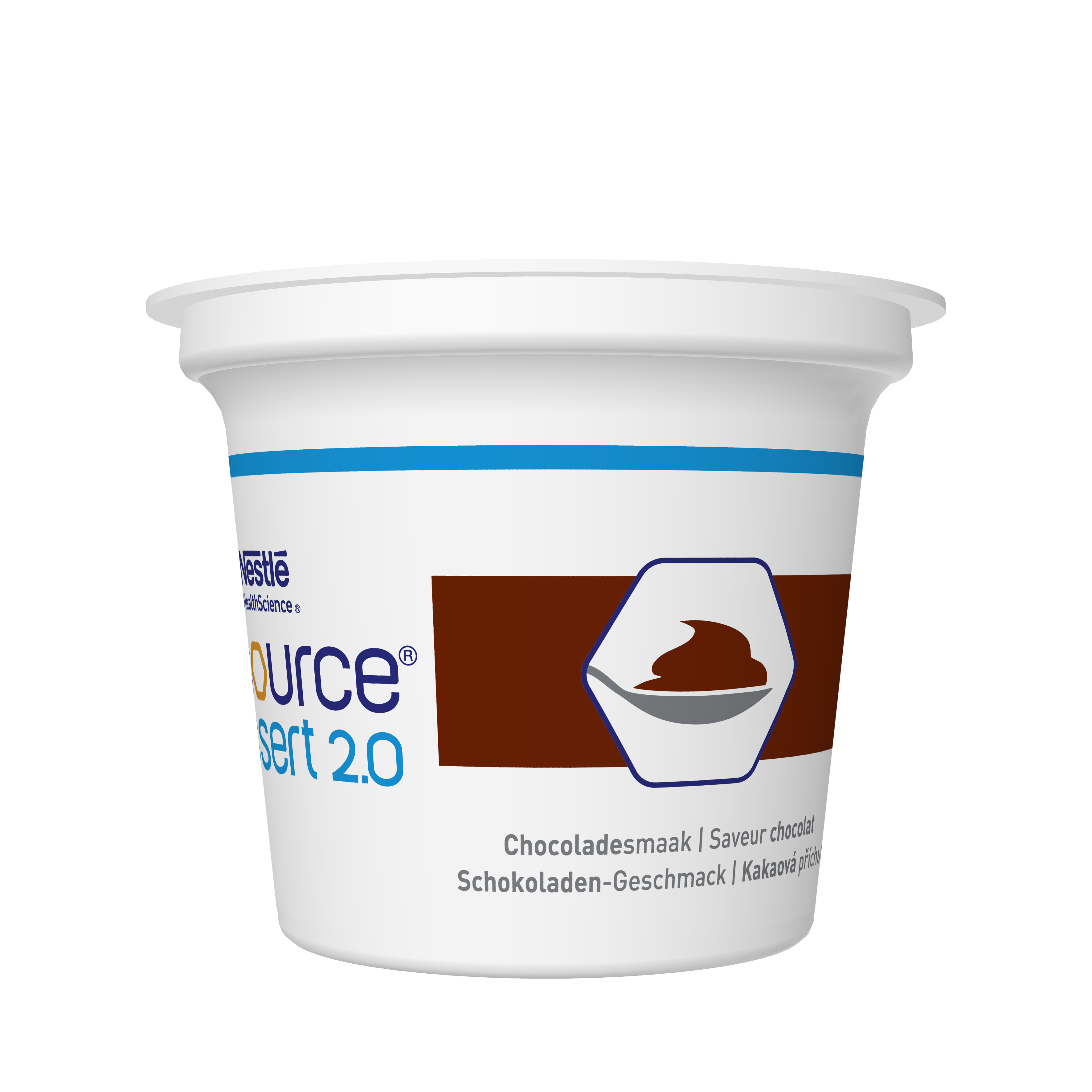 Joghurtbecher mit Schokoladengeschmack und Logo der Marke "Source".