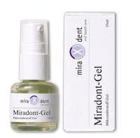 Flasche mit Miradont-Gel und Verpackung, beide in einem hellen Design.