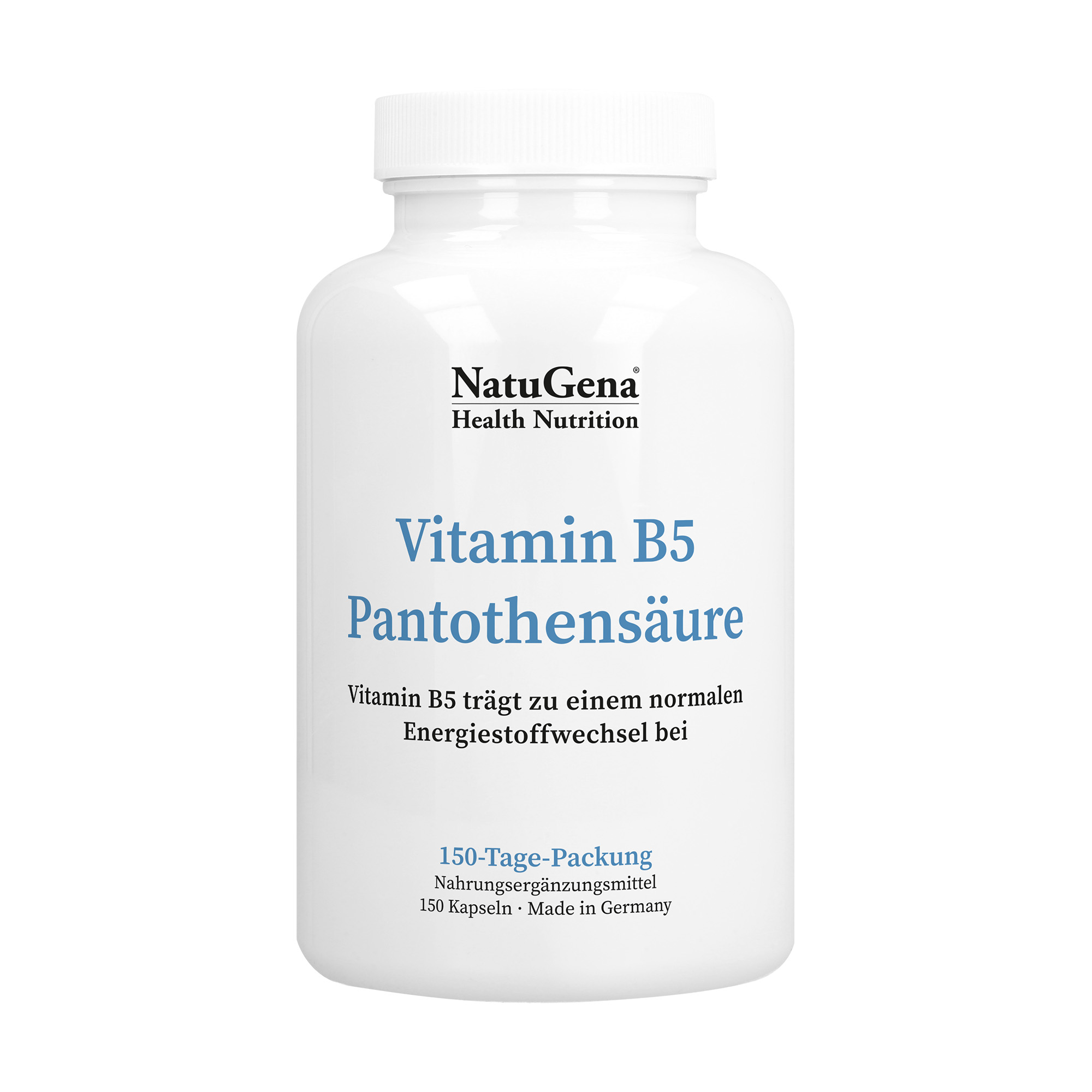 Weißer Behälter mit Vitamin B5 (Pantothensäure), 150 Kapseln, beschriftet mit "NatuGena Health Nutrition" und Hinweisen zur Wirkung.