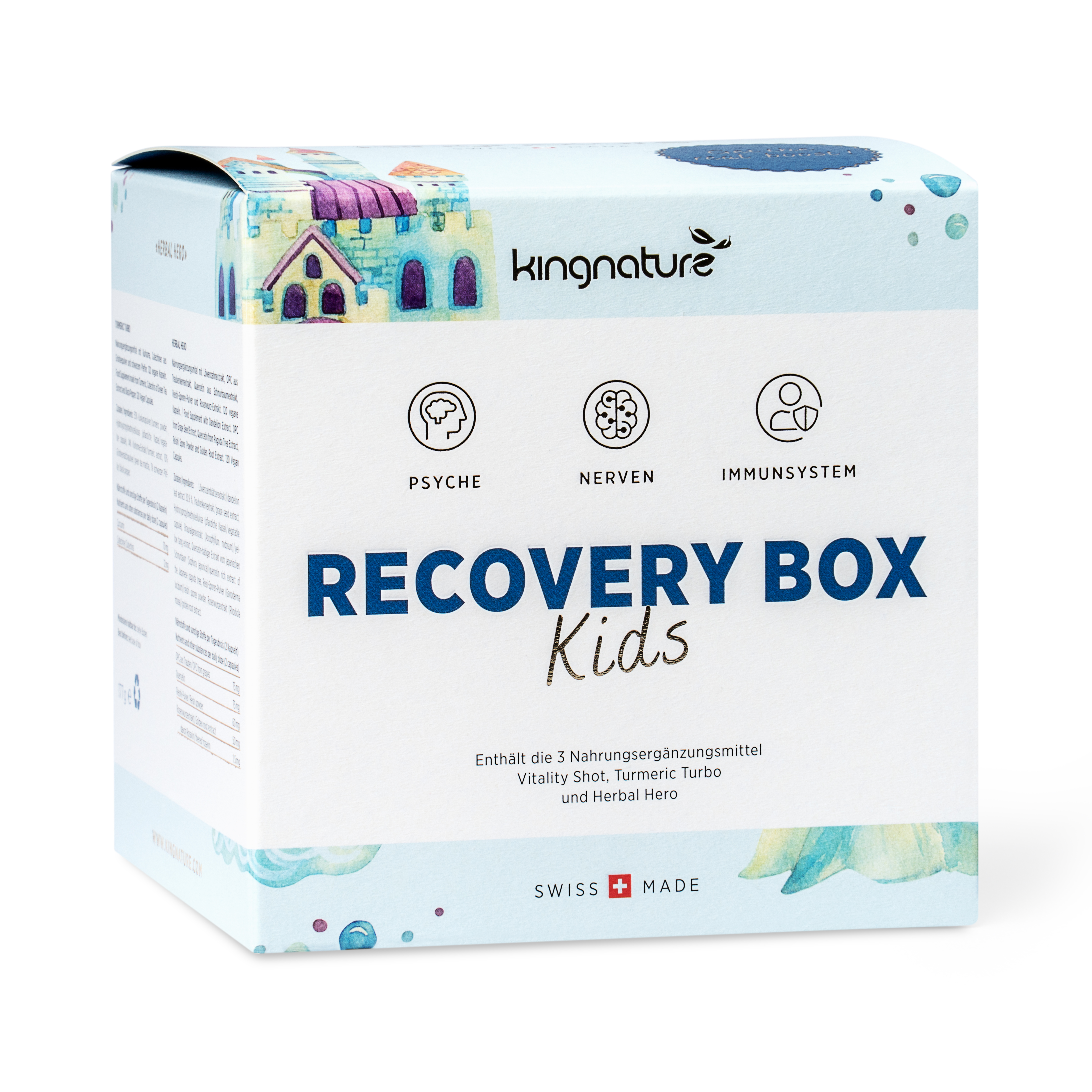 Verpackung der Recovery Box Kids von Kingnature, die Nahrungsergänzungsmittel für Psyche, Nerven und Immunsystem enthält.