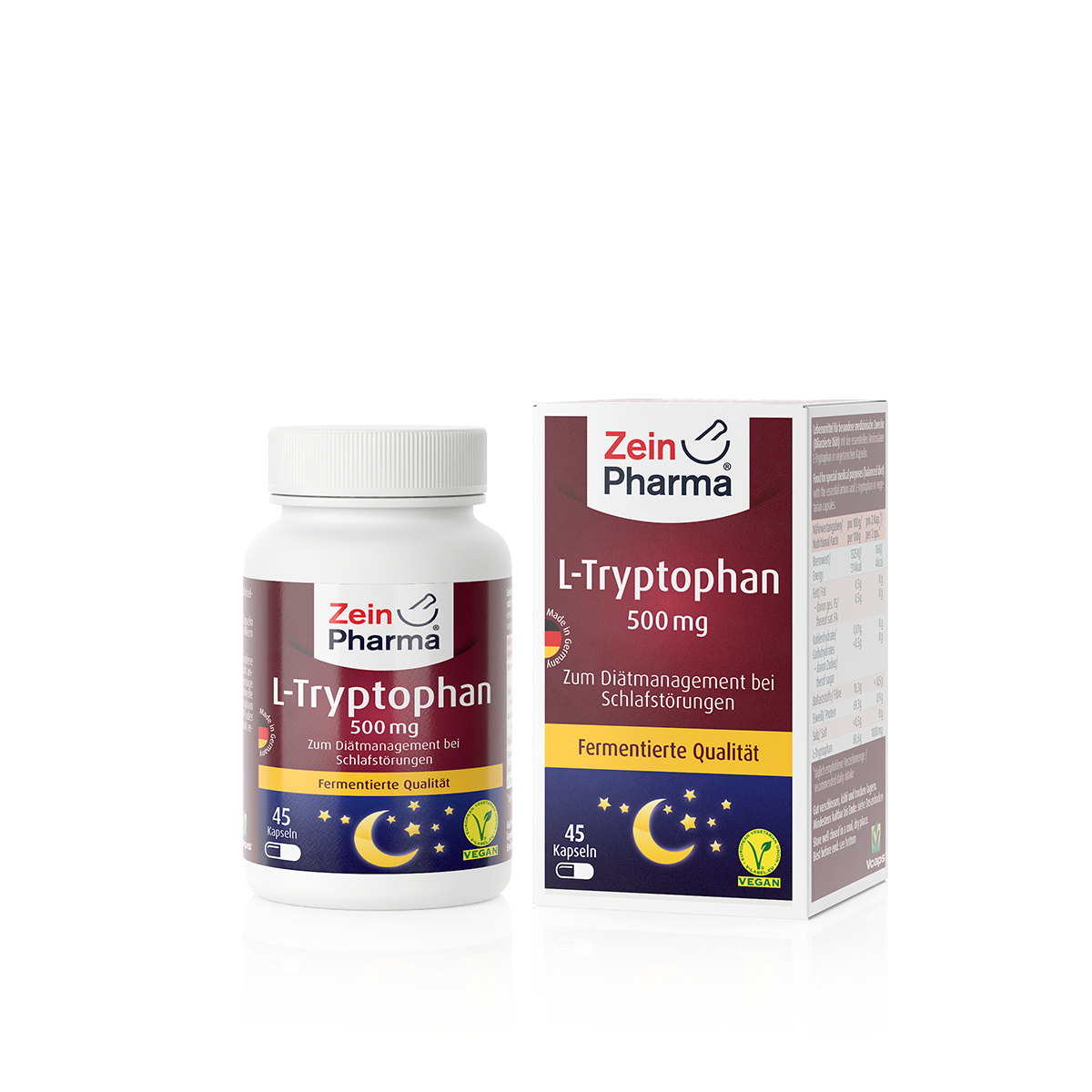 Ein Glastiegel mit 45 Kapseln L-Tryptophan 500 mg und einer Produktverpackung von Zein Pharma, die Informationen zur Anwendung bei Schlafstörungen enthält.