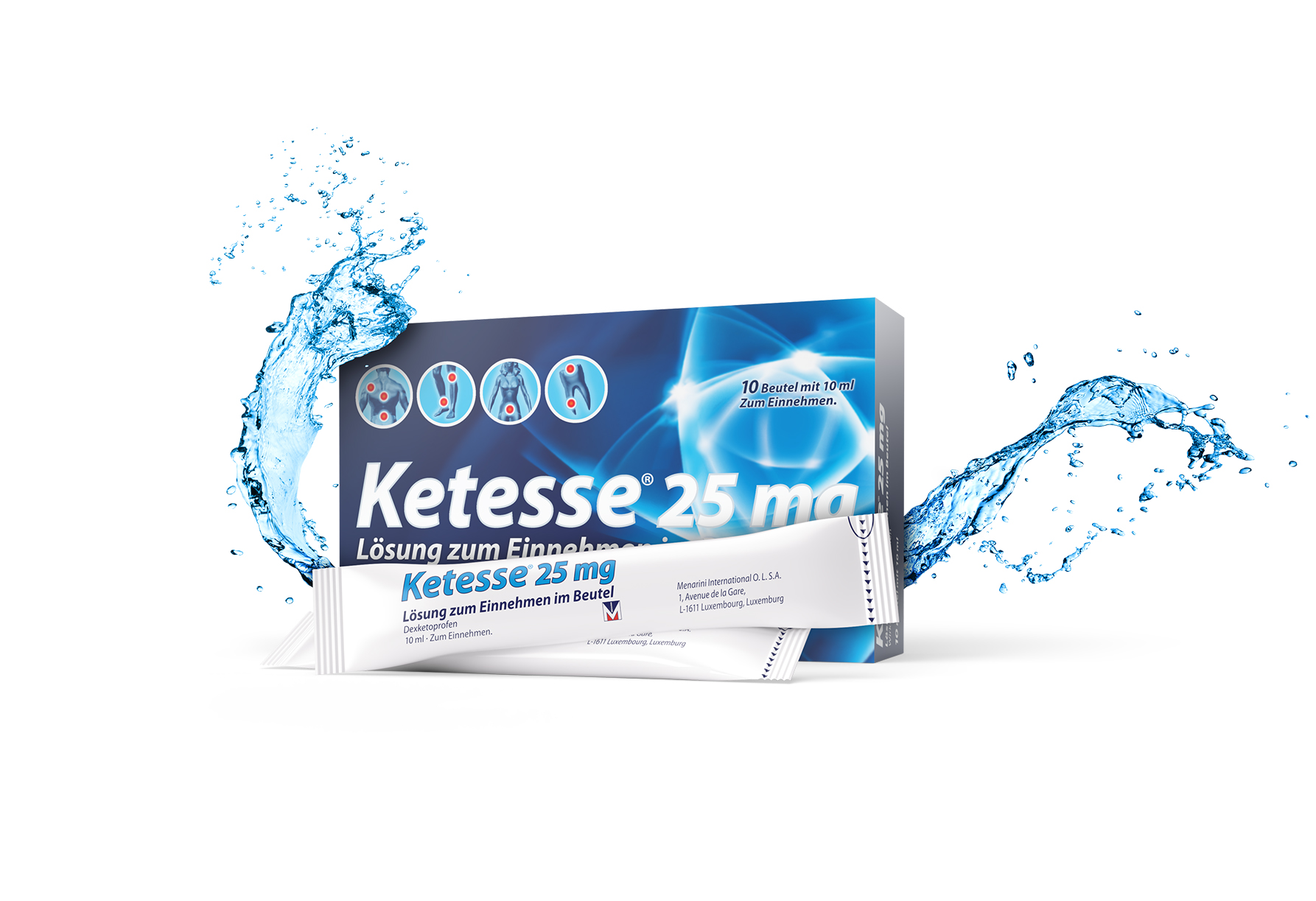Packung und Beutel von Ketesse 25 mg, Lösung zum Einnehmen, umgeben von Wasser.