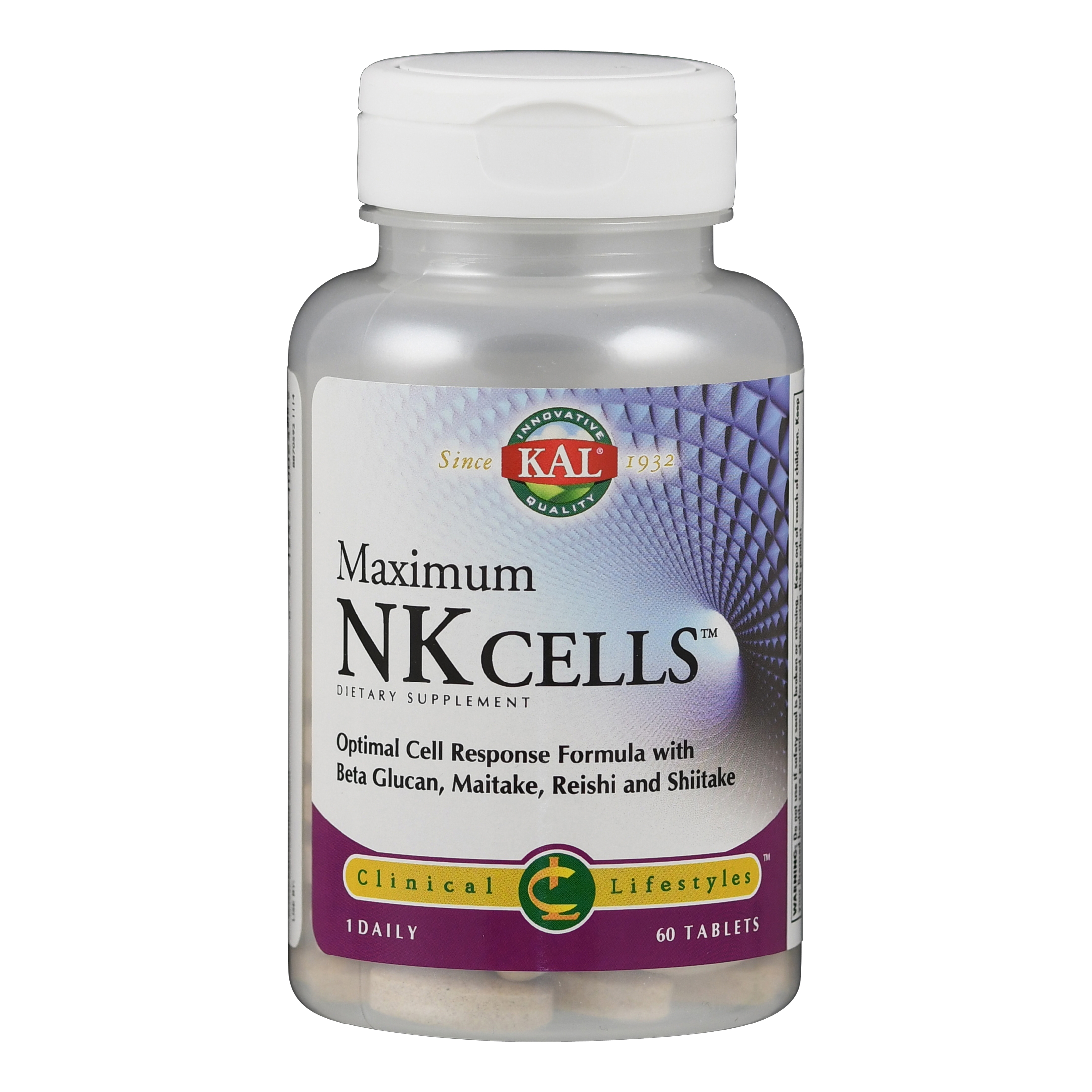 Ein Fläschchen mit Nahrungsergänzungsmittel namens "Maximum NK Cells" mit 60 Tabletten.