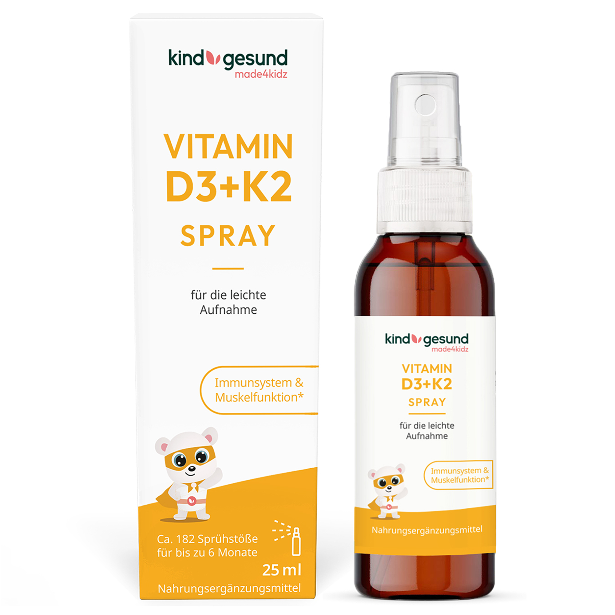 Flasche Vitamin D3+K2 Spray mit Verpackung, 25 ml, für die leichte Aufnahme, beschriftet mit Hinweisen zu Immun- und Muskelfunktion.
