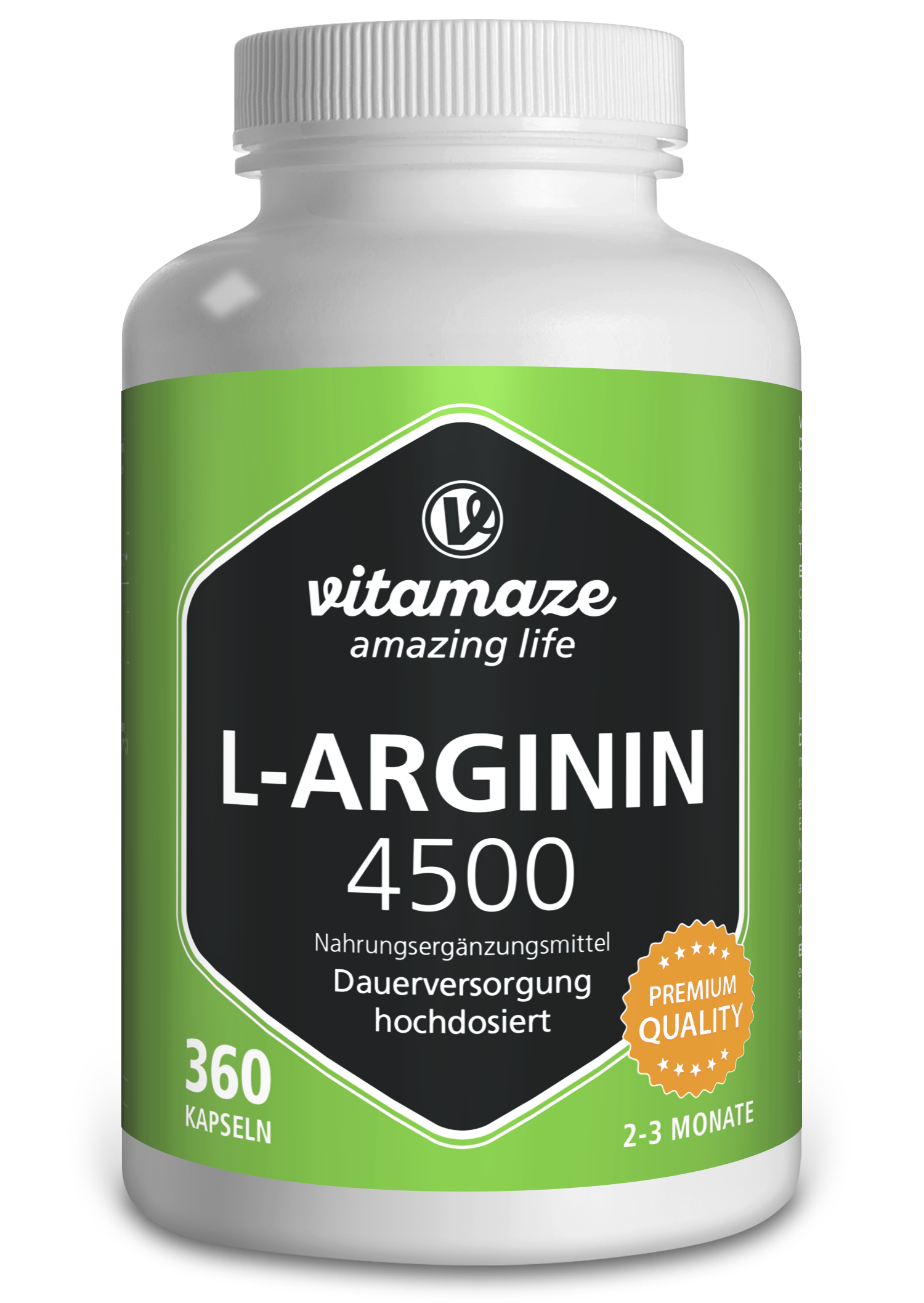 Nahrungsergänzungsmittel L-Arginin 4500 in einer weißen Flasche mit grünem Etikett, 360 Kapseln, Aufschrift „Premium Quality“.