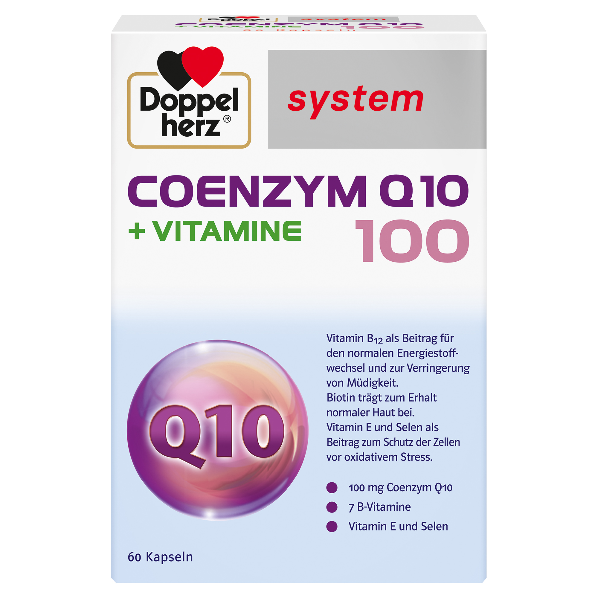 Produktverpackung von Doppelherz Coenzym Q10 + Vitamine 100 mit Informationen zu den Inhaltsstoffen und deren Vorteilen.