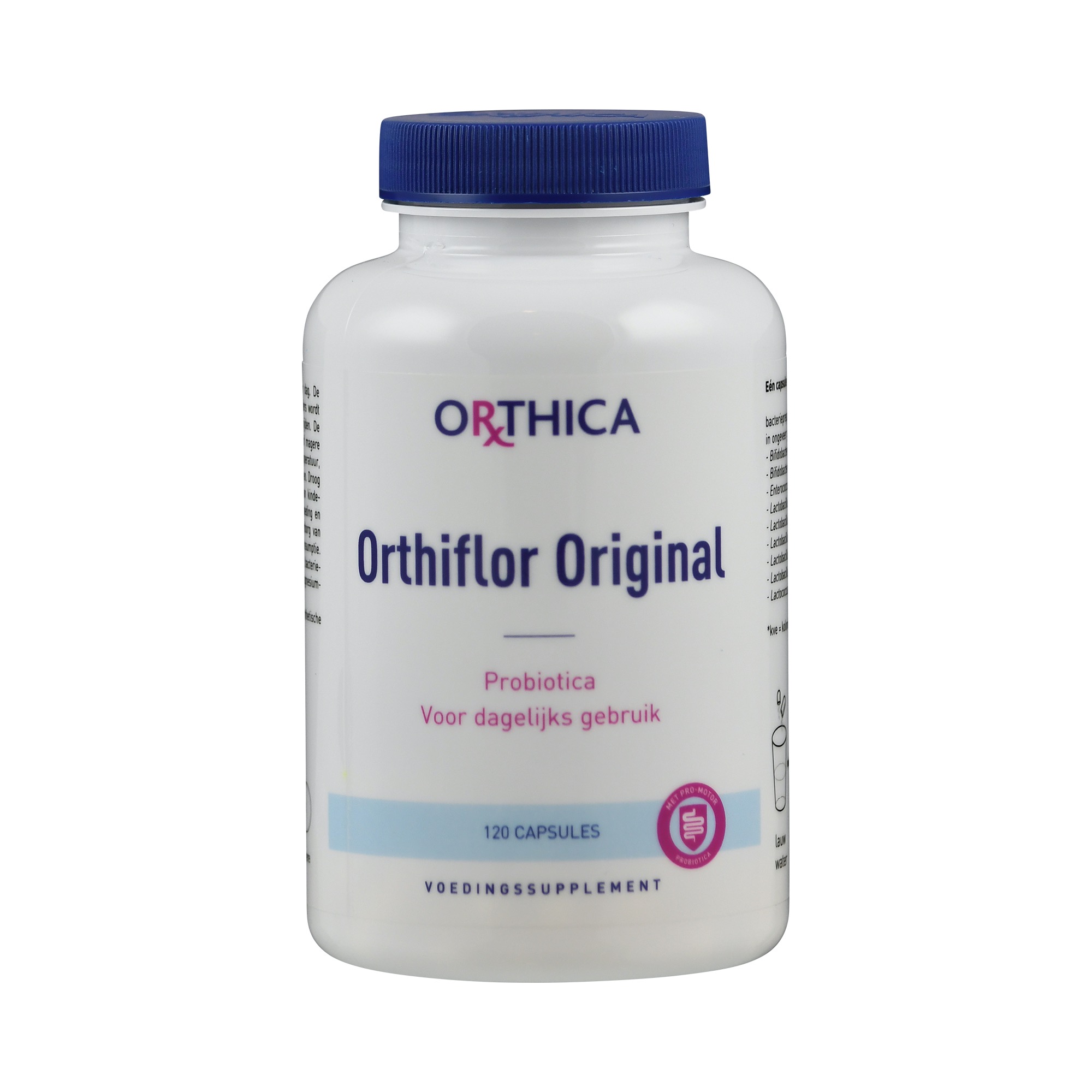 Weißes Flasche mit blauem Deckel, beschriftet mit "Orthiflor Original", enthält 120 Kapseln, beworben als Probiotikum für den täglichen Gebrauch.
