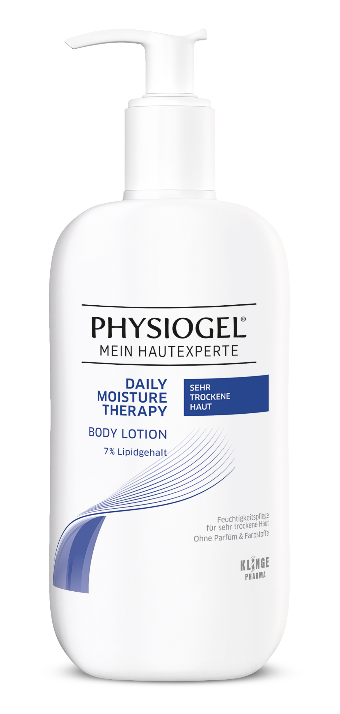 Weiße Flasche mit Pumpverschluss, beschriftet mit "Physiogel Daily Moisture Therapy Body Lotion" und Hinweisen zu sehr trockener Haut.