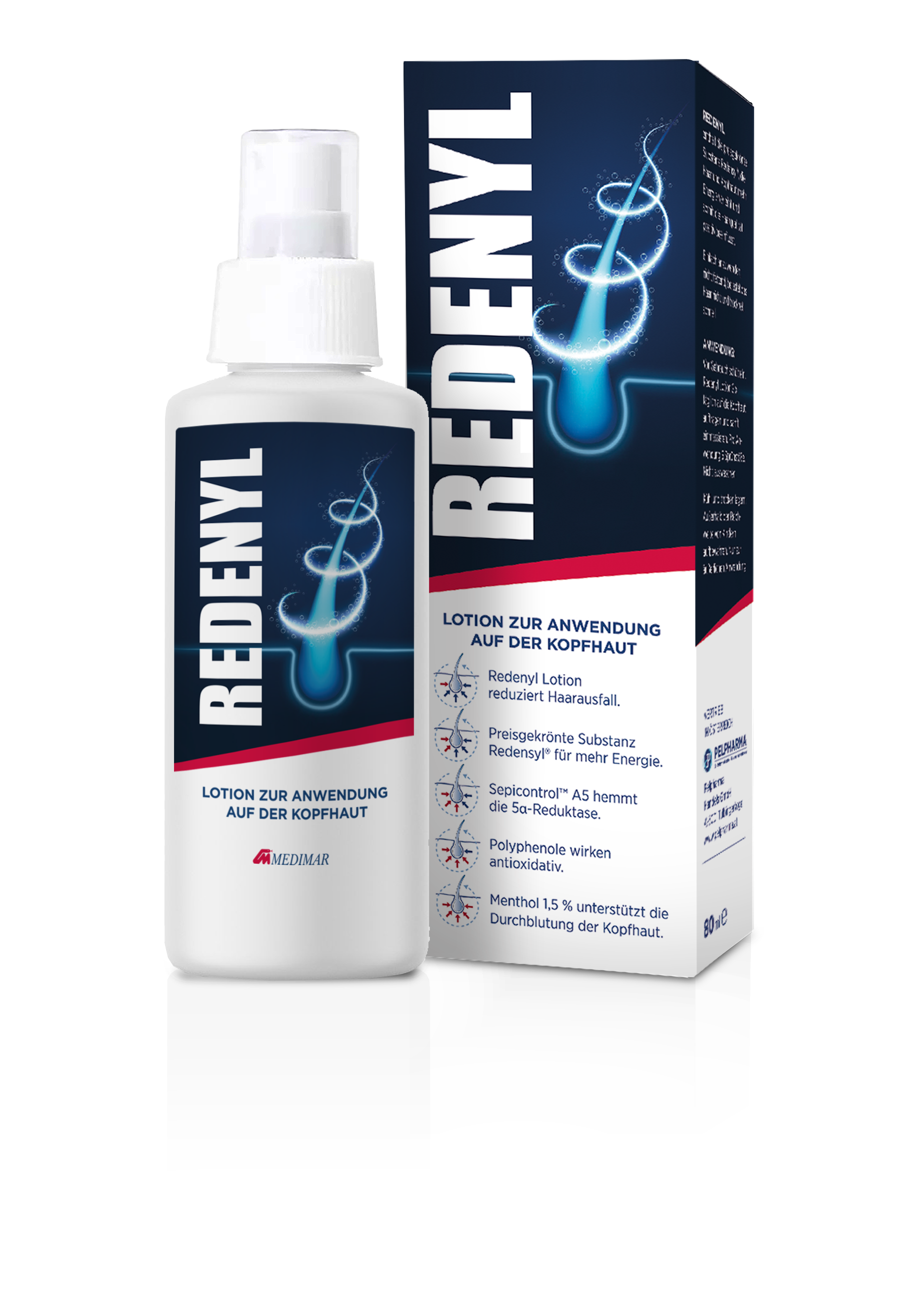 Flasche mit der Aufschrift "REDENYL" und Verpackung für eine Lotion zur Anwendung auf der Kopfhaut.