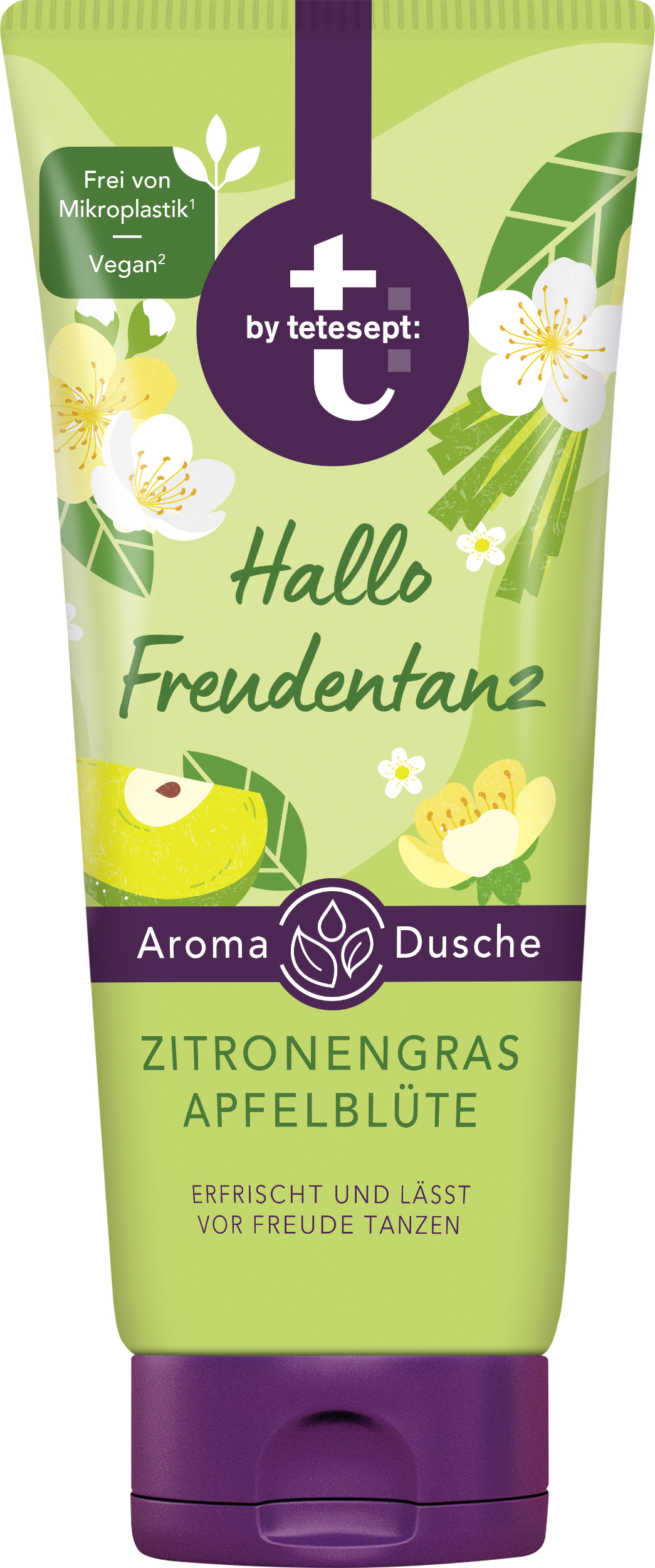 Tube mit Aroma-Dusche "HalloFreudentanz" von tetesept, Duftnoten von Zitronengras und Apfelblüte, vegan und ohne Mikroplastik.