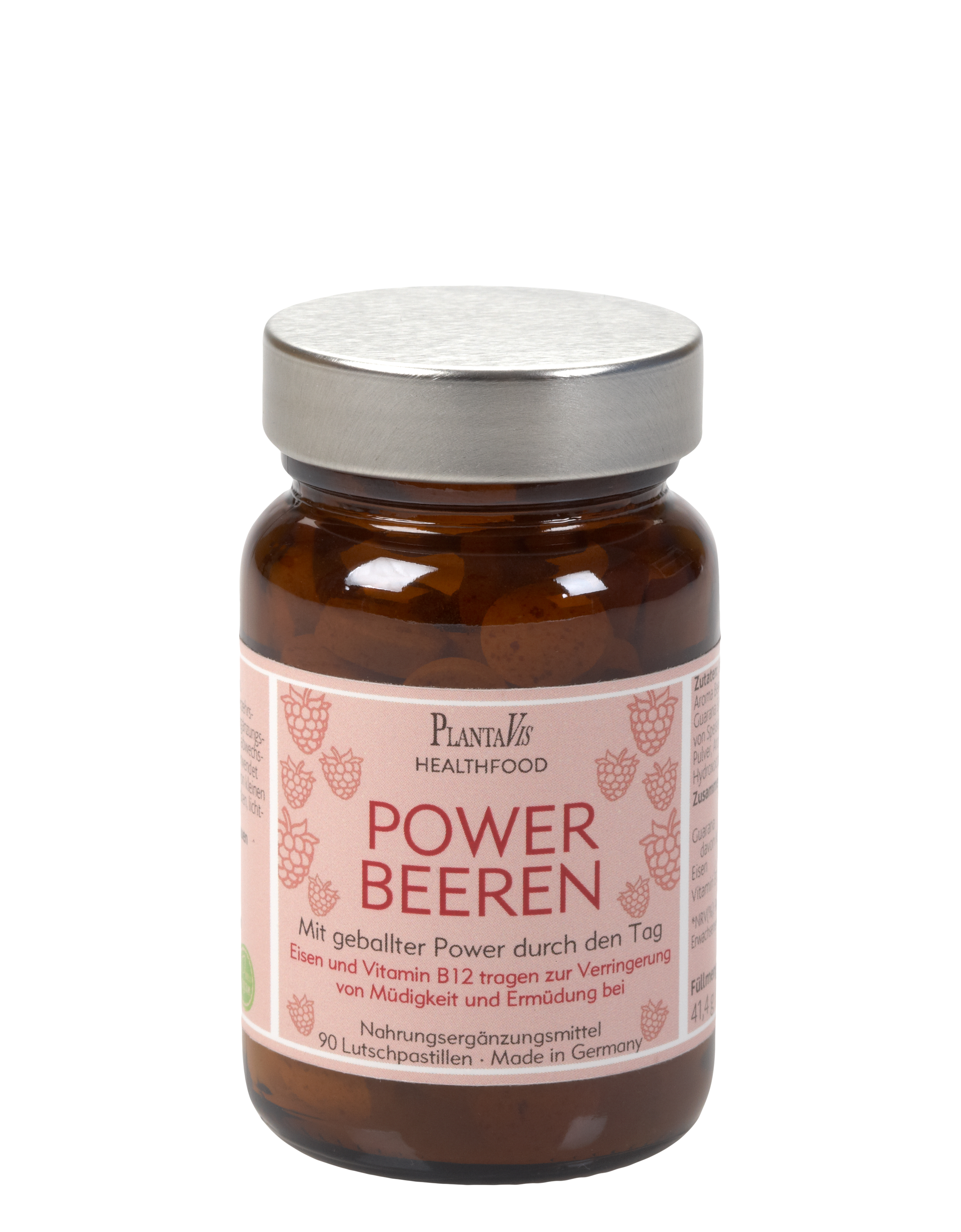 Brauner Glasbehälter mit einem silbernen Deckel, beschriftet mit "POWER BEEREN" und Informationen zu Inhaltsstoffen und Anwendung.