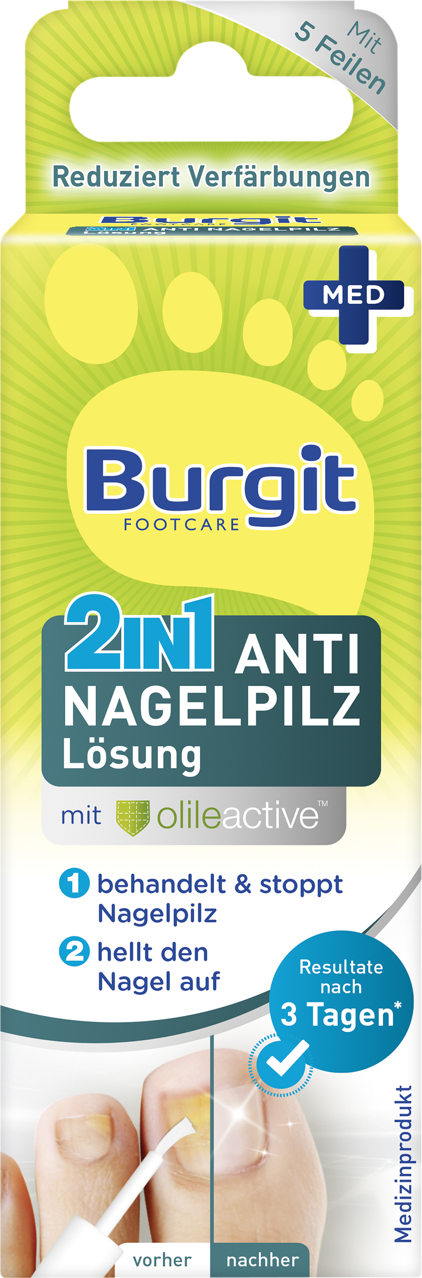 Produktverpackung von Burgit Footcare 2in1 Anti-Nagelpilz Lösung mit Hinweis auf reduzierten Verfärbungen und Anwendungsergebnis nach 3 Tagen.