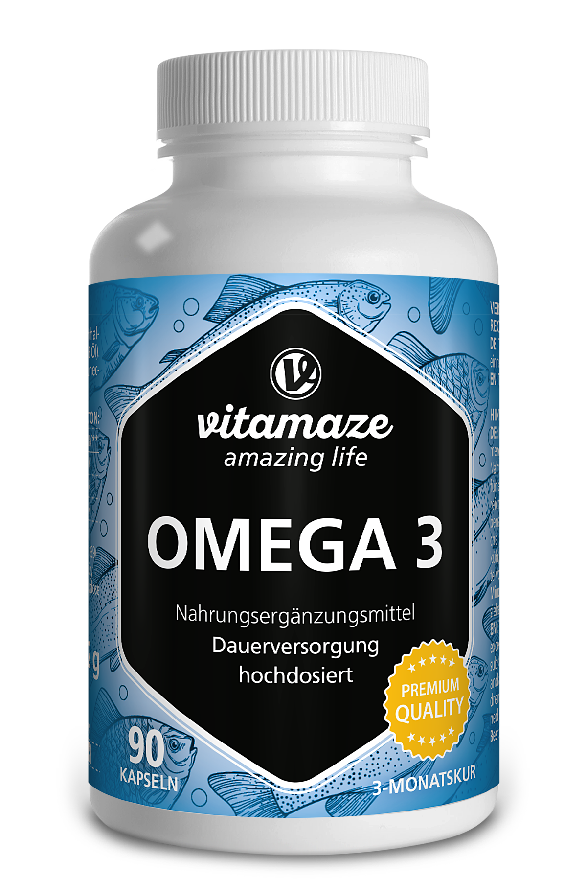 Weißes Fläschchen mit schwarzem Etikett, das "vitamaze amazing life OMEGA 3" und "Nahrungsergänzungsmittel" in deutscher Sprache zeigt, sowie die Anzahl der Kapseln (90) und Hinweise zur Qualität und Dauerversorgung.