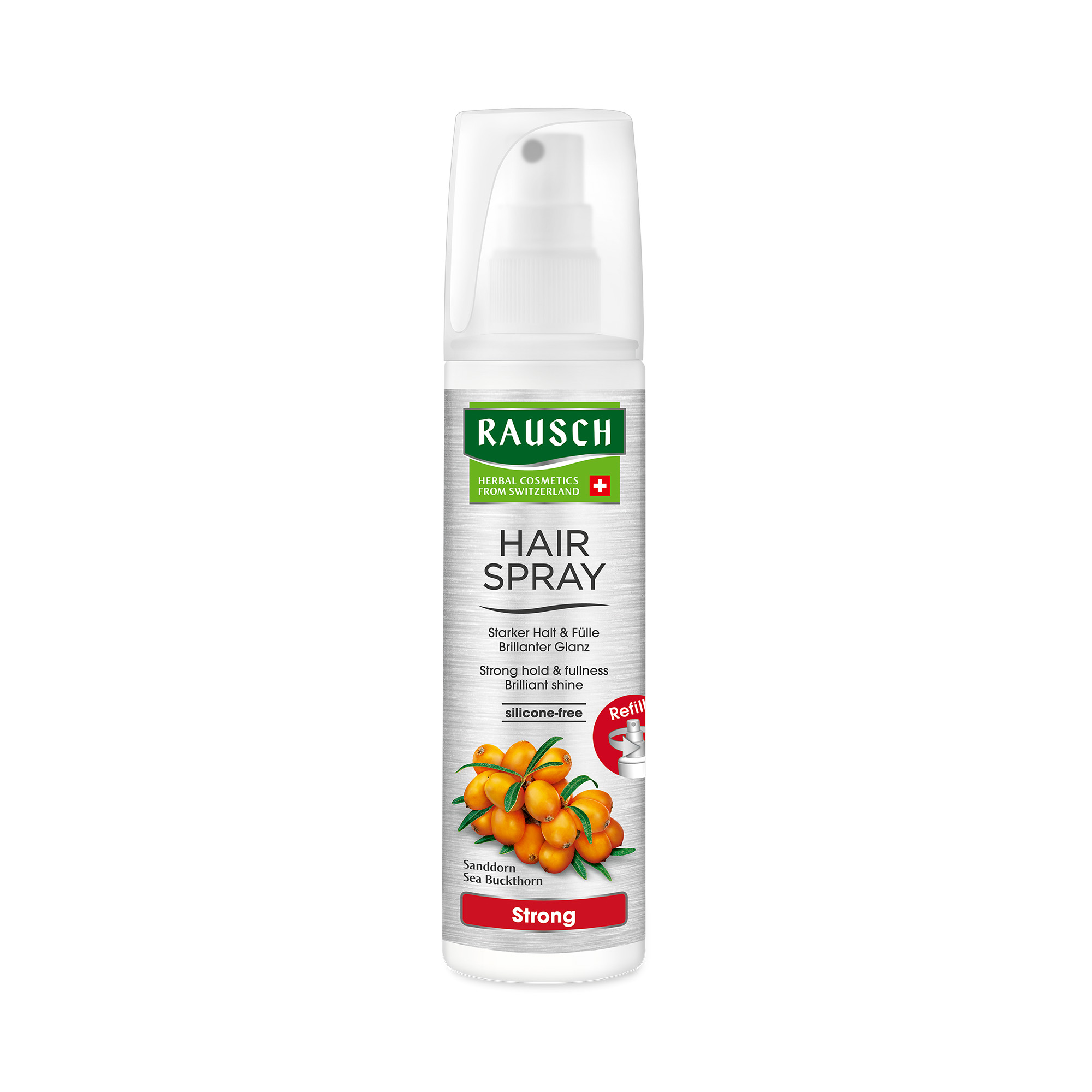 Haarspray-Flasche der Marke Rausch mit Angaben zu Anwendung und Inhaltsstoffen.