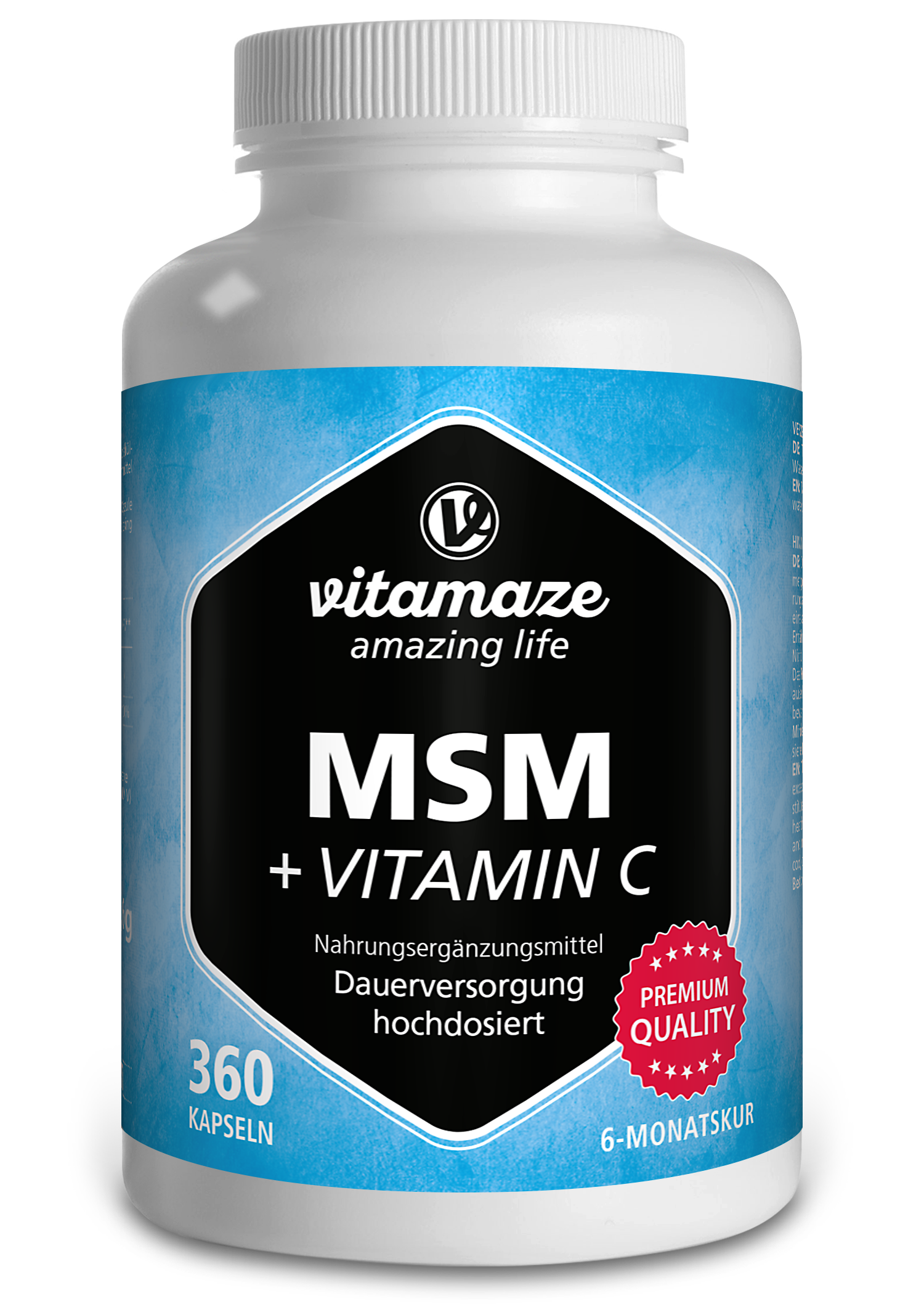 Weißes Flaschenetikett mit dem Aufdruck "vitamaze amazing life MSM + VITAMIN C", Nahrungsmittelergänzungsmittel, 360 Kapseln, 6-Monatskur, auf blauem Hintergrund.