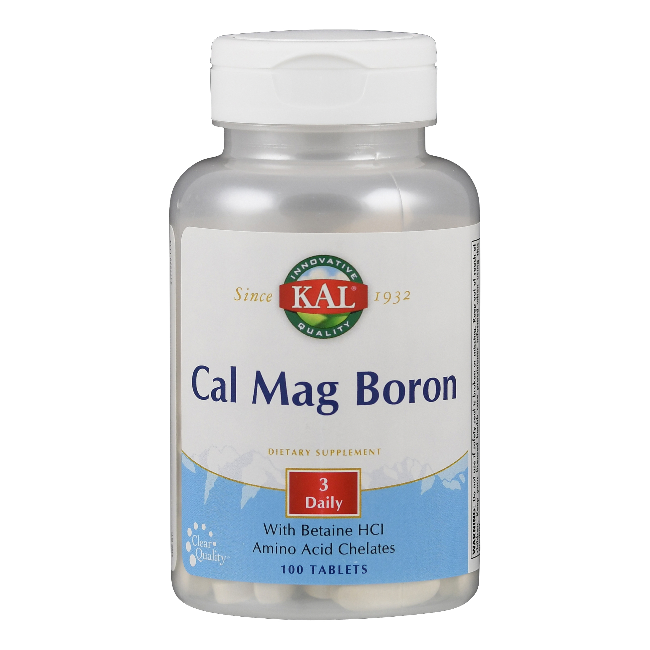 Flasche mit Cal Mag Boron Nahrungsergänzungsmittel, 100 Tabletten.