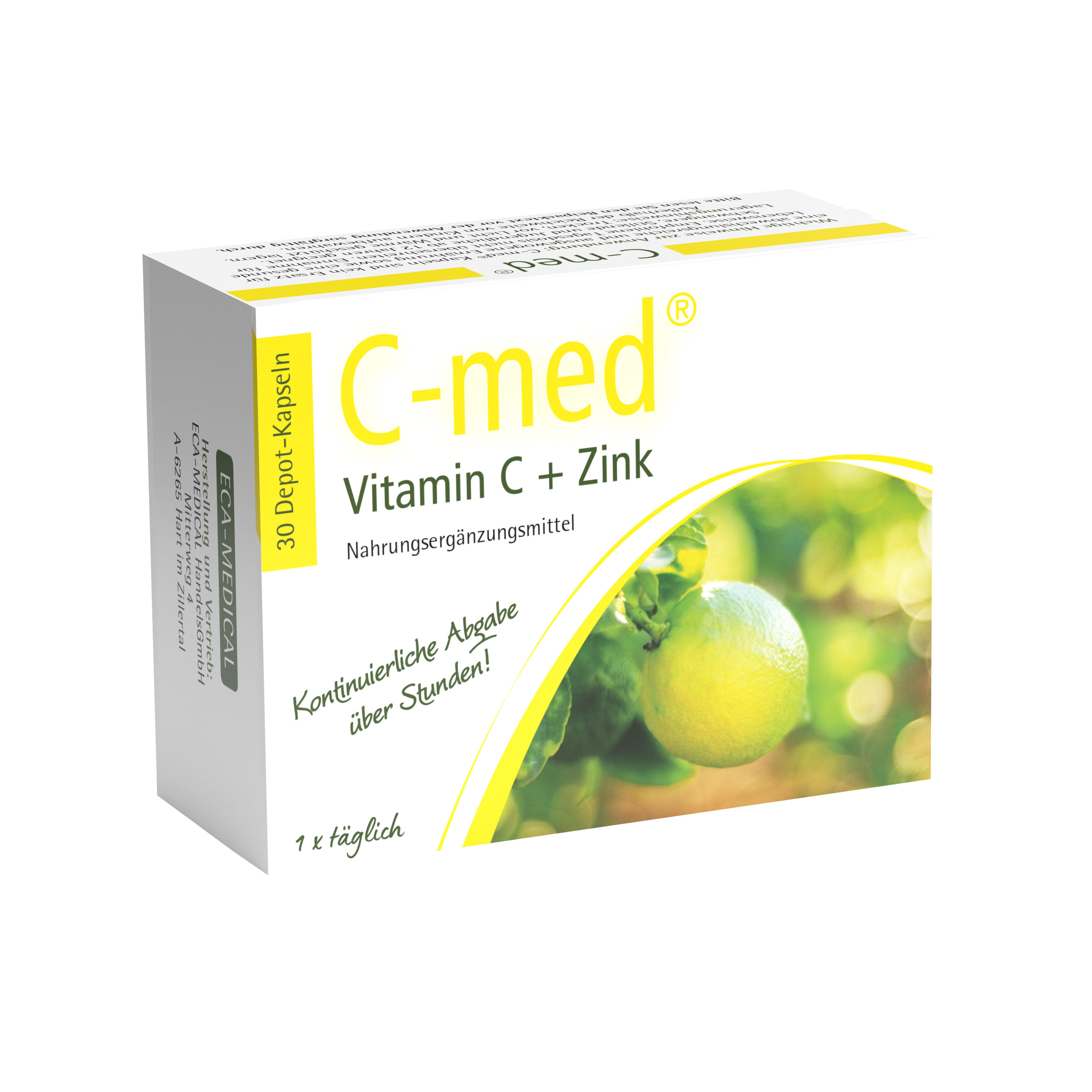 Packung mit C-med Vitamin C + Zink, Nahrungsmittelergänzungsmittel, 30 Depot-Kapseln.