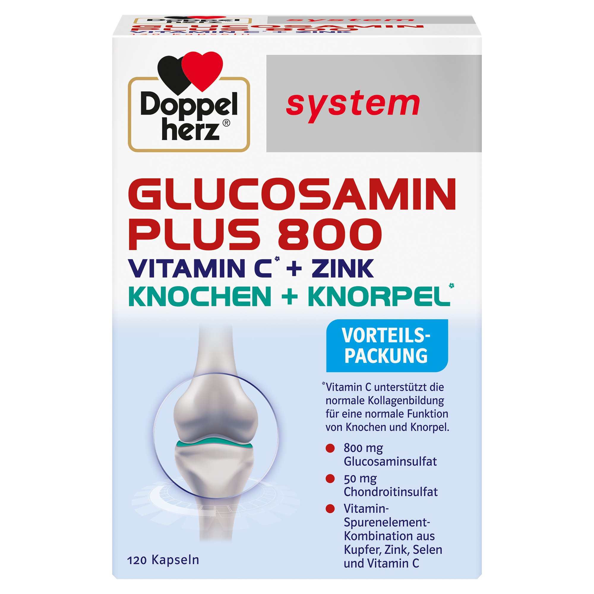 Packung für Glucosamin Plus 800 mit Vitamin C und Zink, 120 Kapseln, unterstützt die normale Funktion von Knochen und Knorpel.