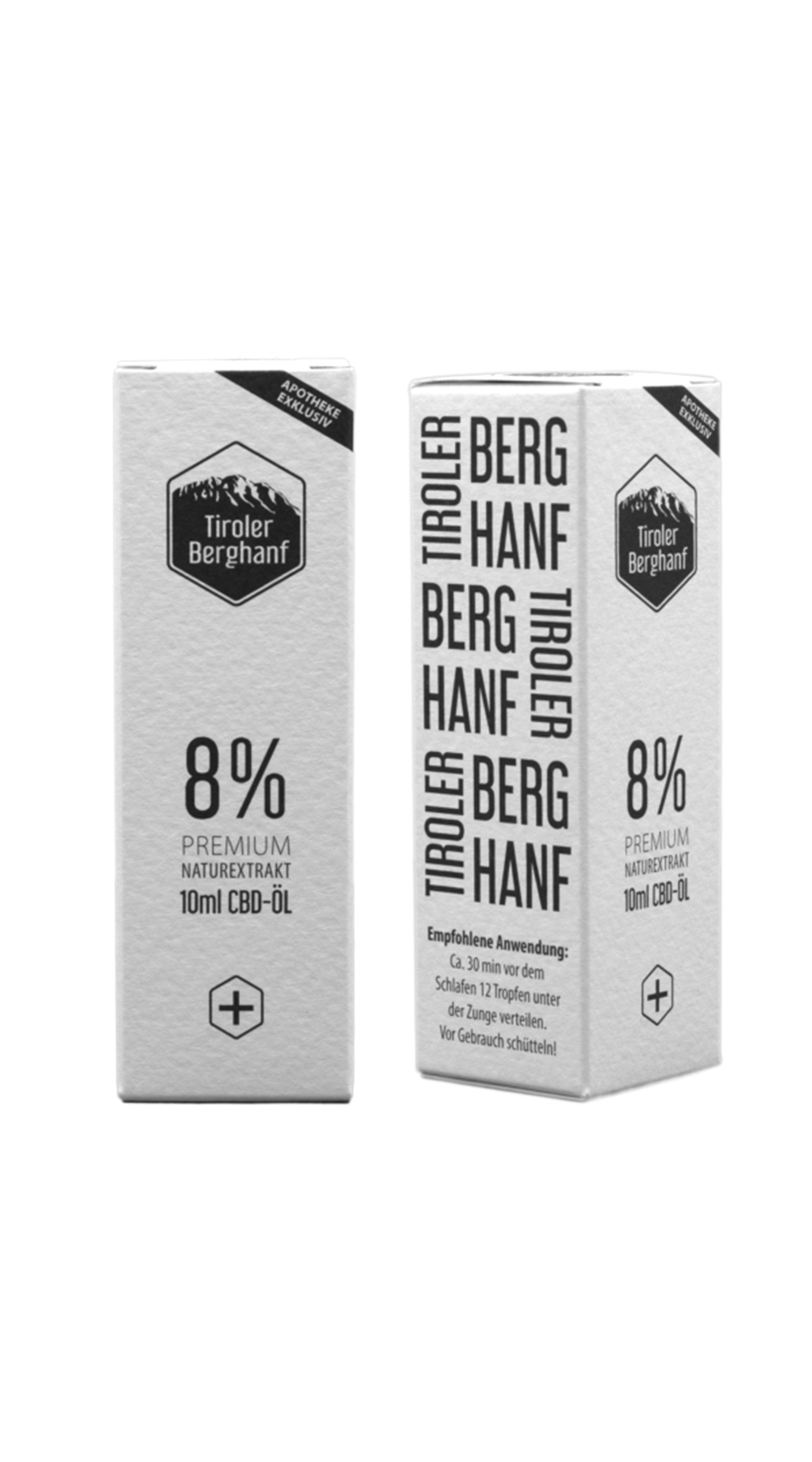 Zwei Packungen mit Tiroler Berghanf 8% Premium CBD-Öl, jeweils 10ml.