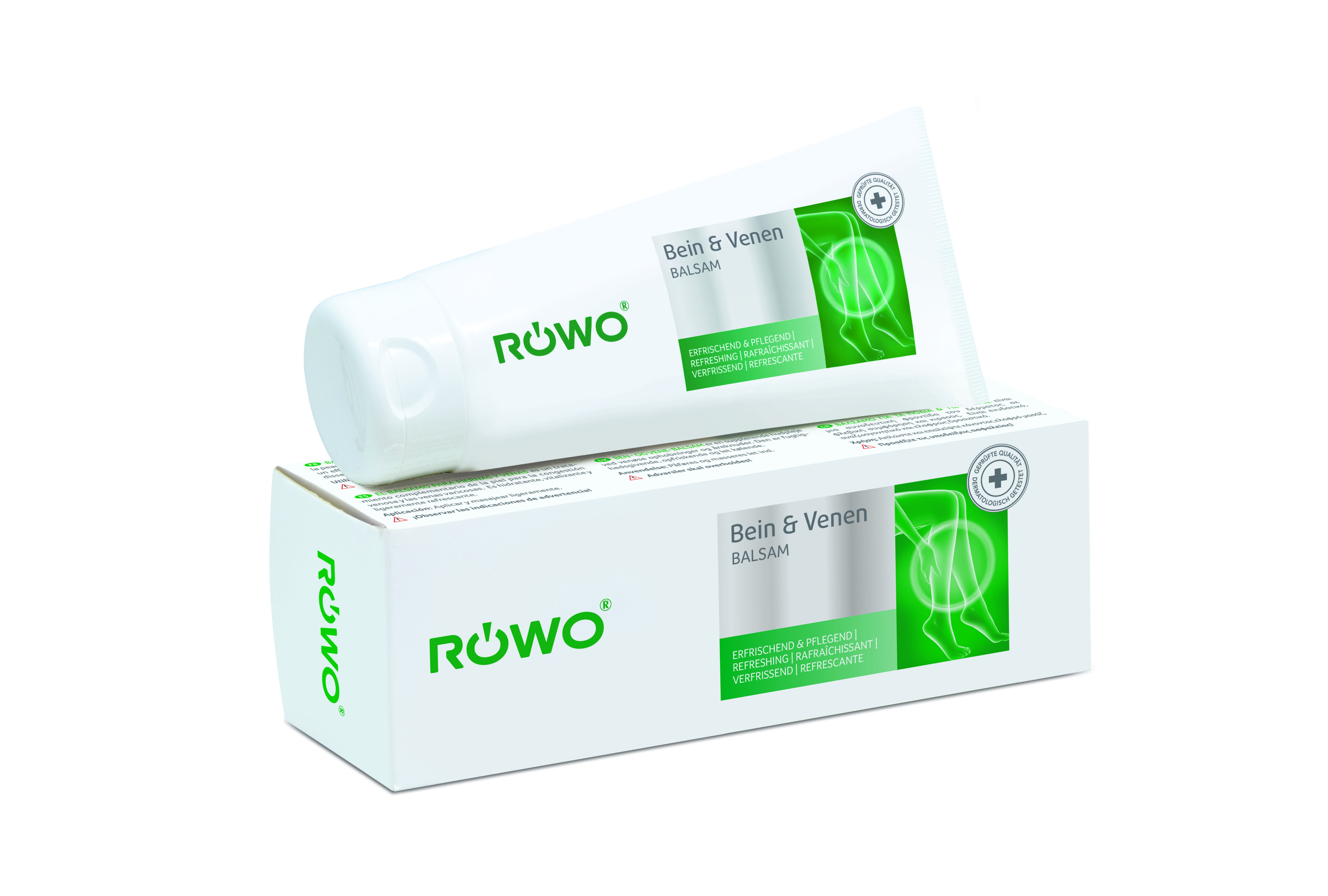 Tube und Verpackung von RÜWO Bein & Venen Balsam.