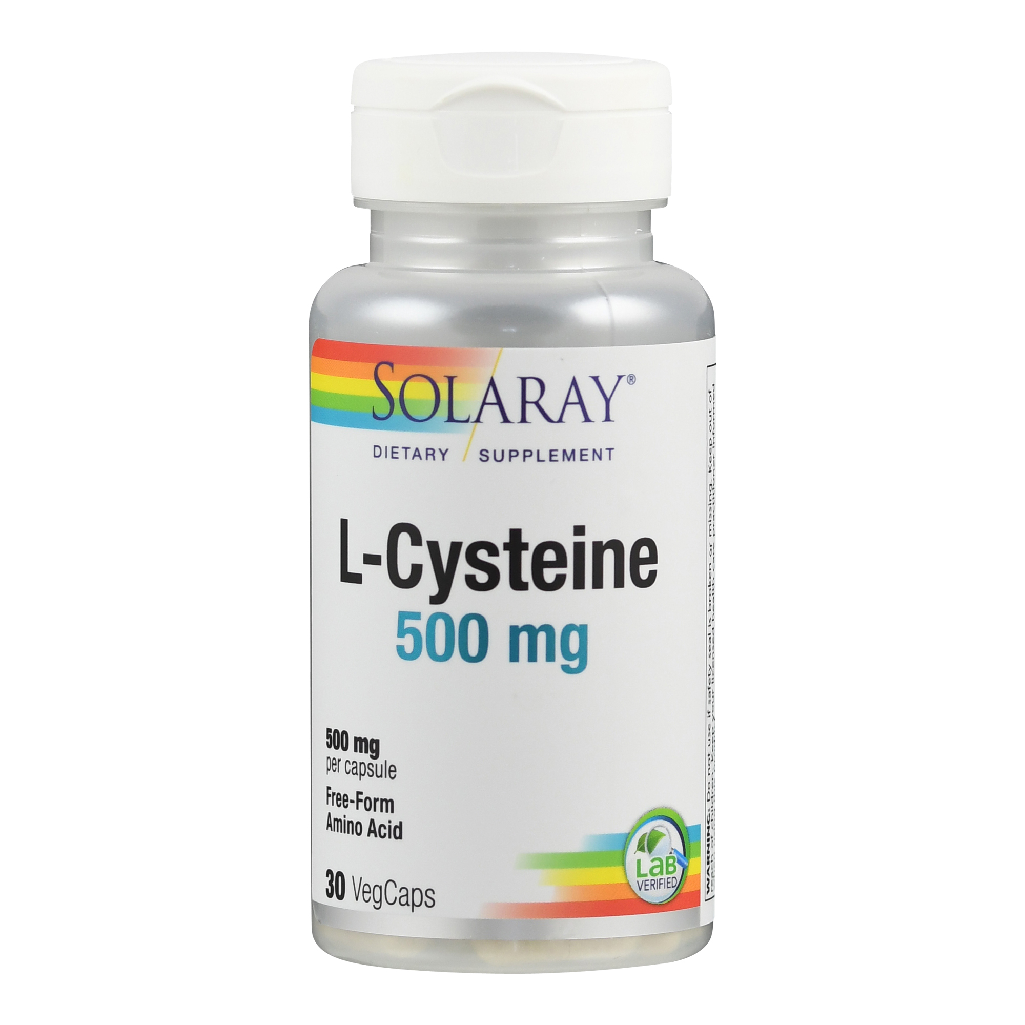 Flasche mit L-Cystein 500 mg von Solaray, 30 vegane Kapseln.