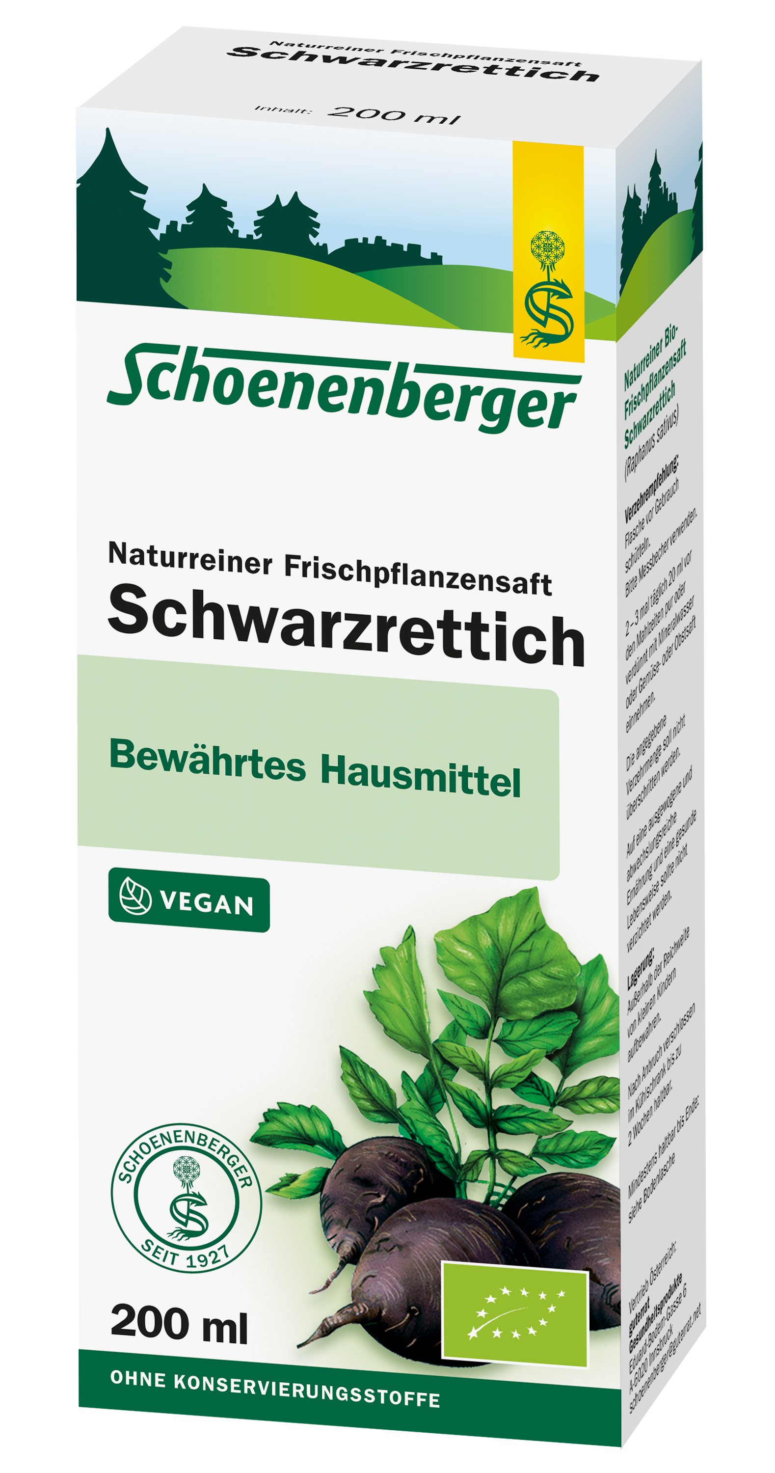 Verpackung des Naturreinen Frischpflanzensafts aus Schwarzwurzel von Schoenenberger, 200 ml, vegan, mit Hinweis auf Verwendung als bewährtes Hausmittel.