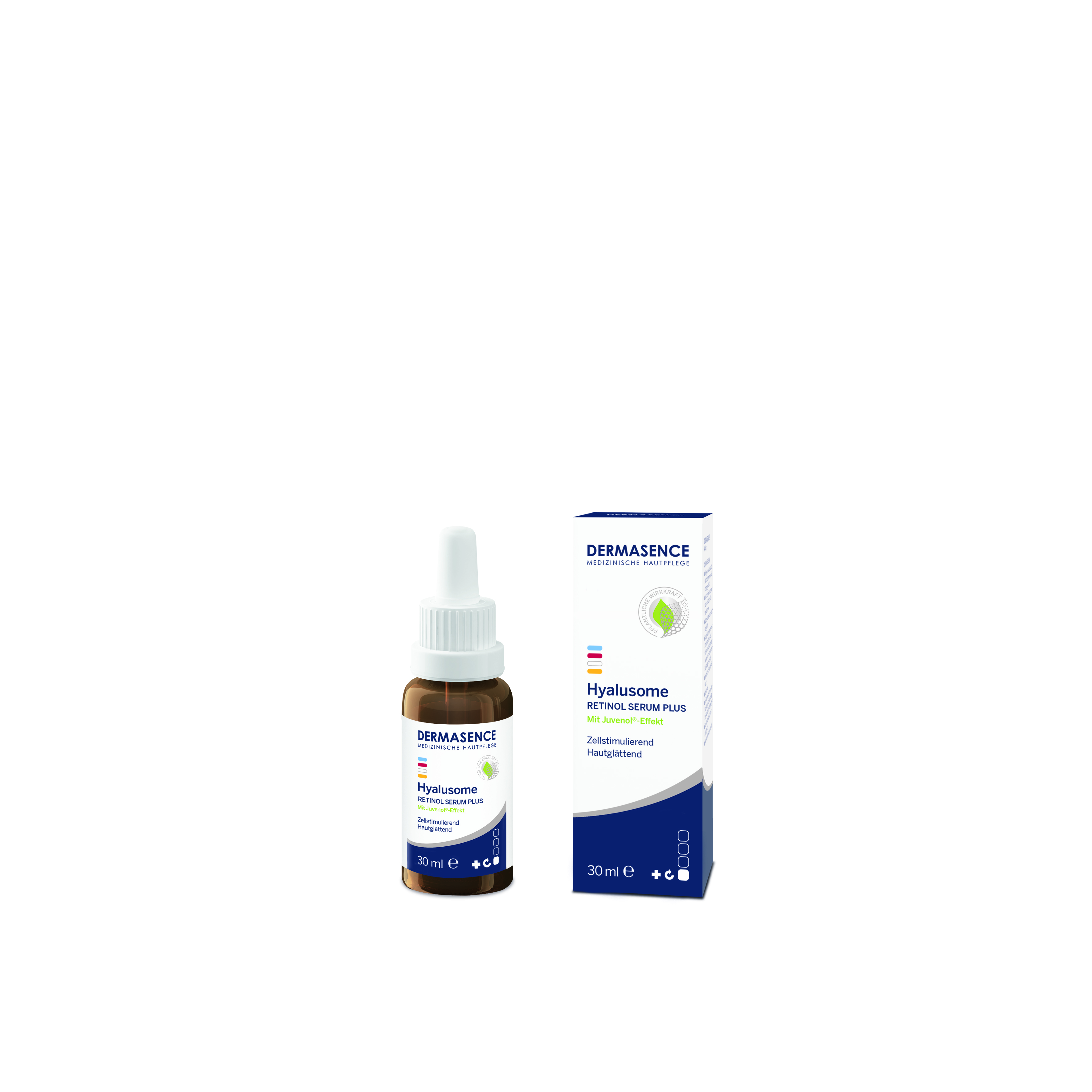 Braune Flasche mit Pipette und Verpackung des Hautpflegeprodukts "Hyalusome" von Dermasence.