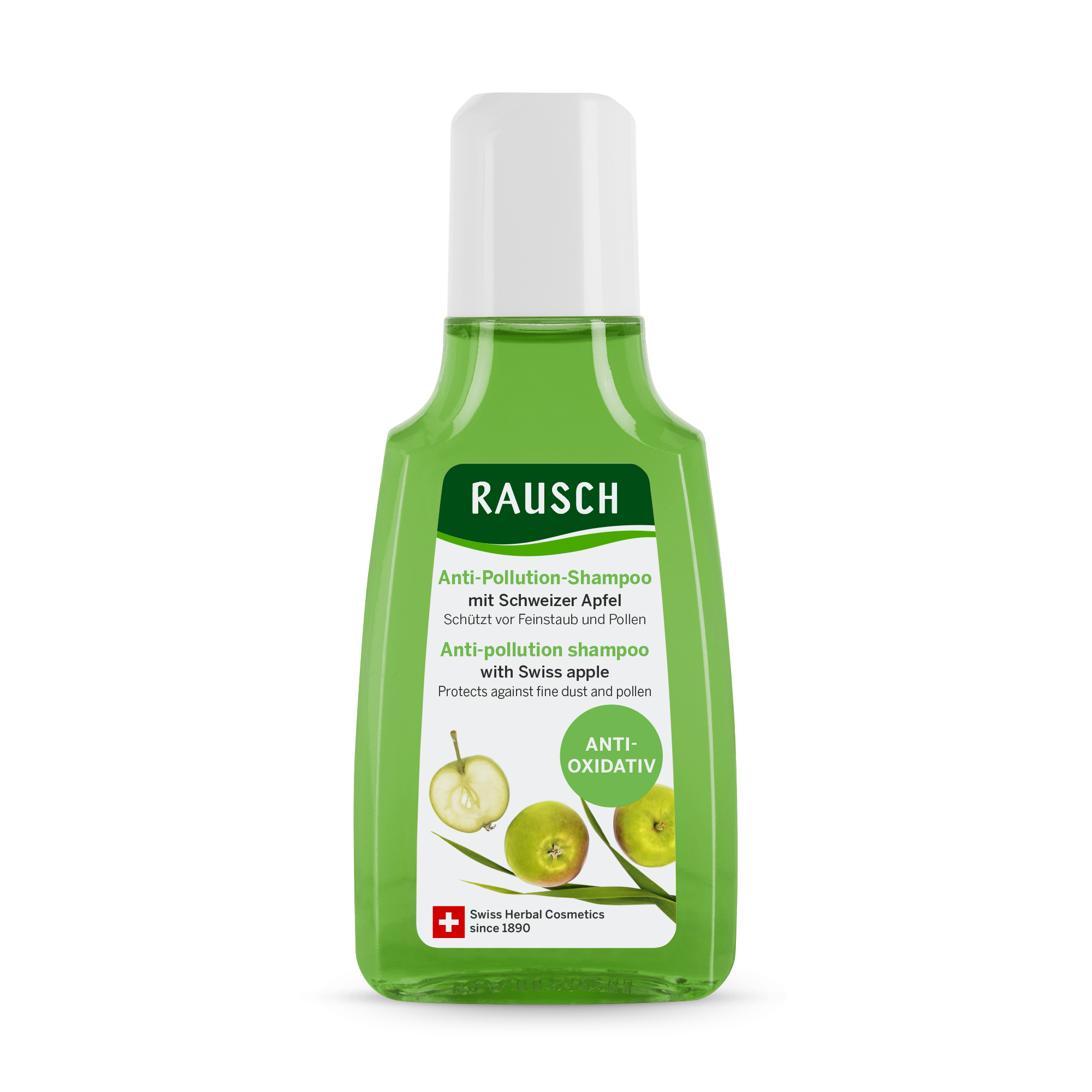Flasche Rausch Anti-Pollution-Shampoo mit Schweizer Apfel in grünem Design.