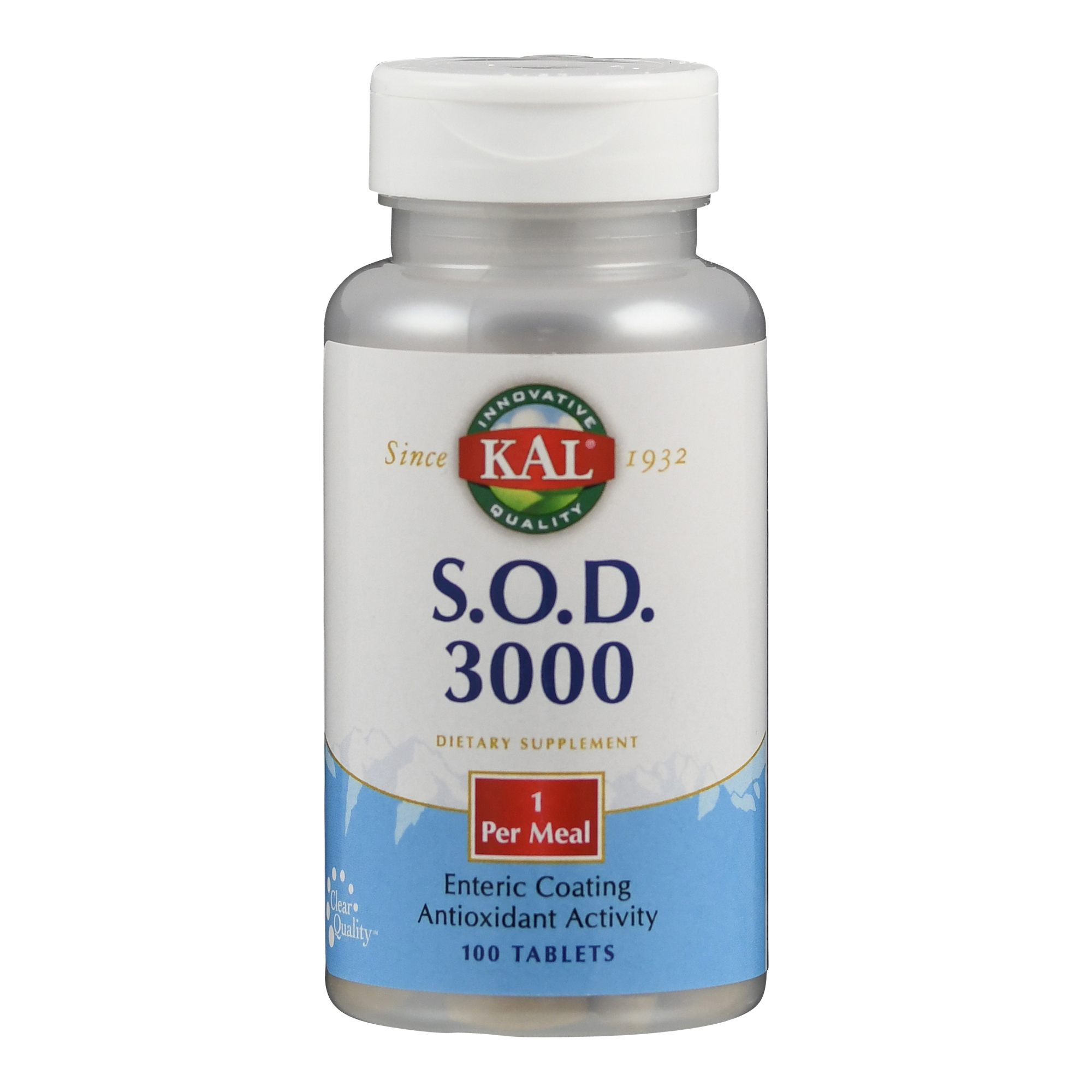Flasche mit KAL S.O.D. 3000 Nahrungsergänzungsmittel, enthält 100 Tabletten, beschichtet für eine verbesserte Aufnahme.