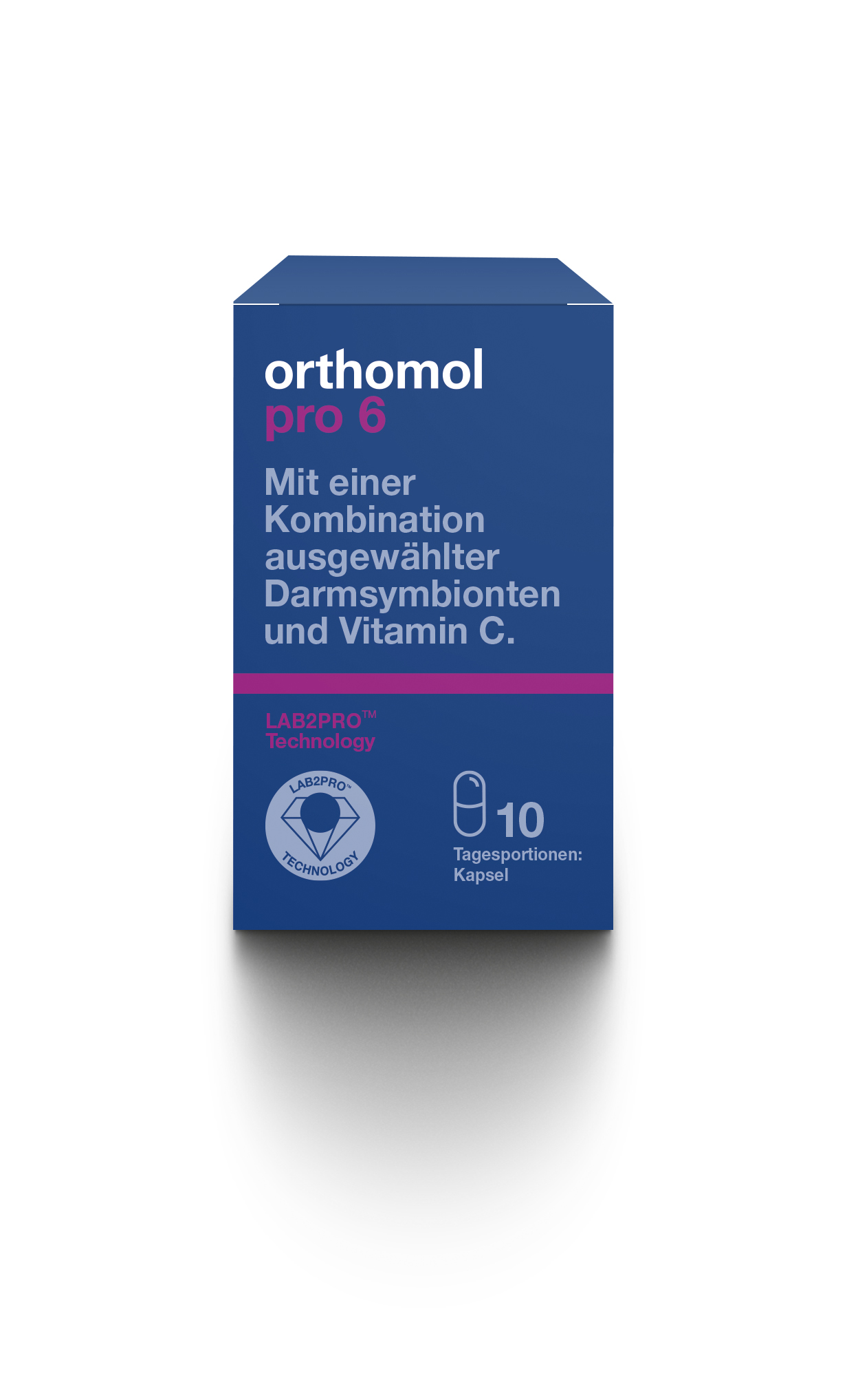 Blaues Verpackungsdesign mit der Aufschrift "orthomol pro 6" und Informationen zu Inhaltsstoffen und Dosierung.