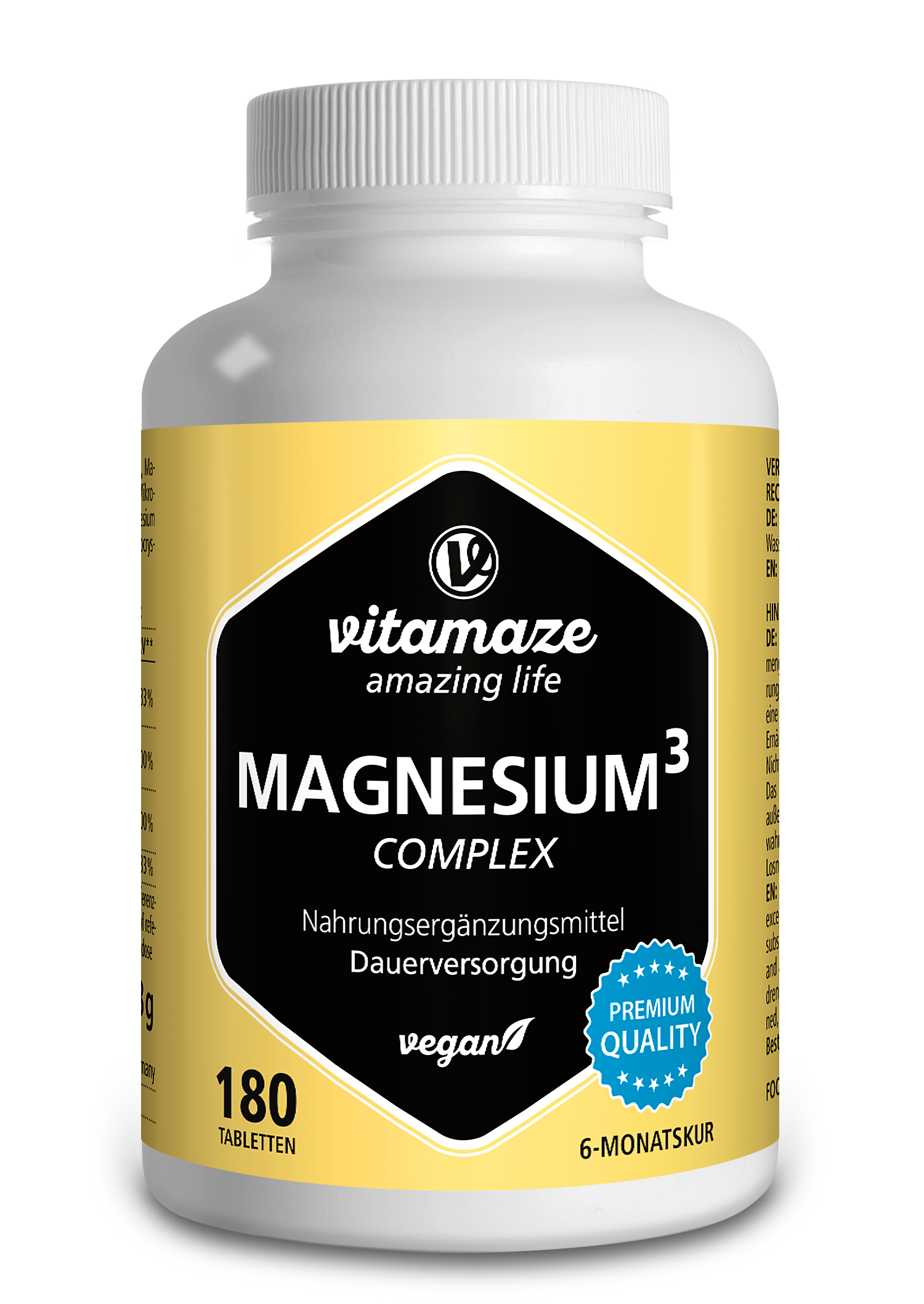 Flasche mit Nahrungsergänzungsmittel Magnesium³ Complex, 180 Tabletten, vegane Formel, auf gelbem Hintergrund.