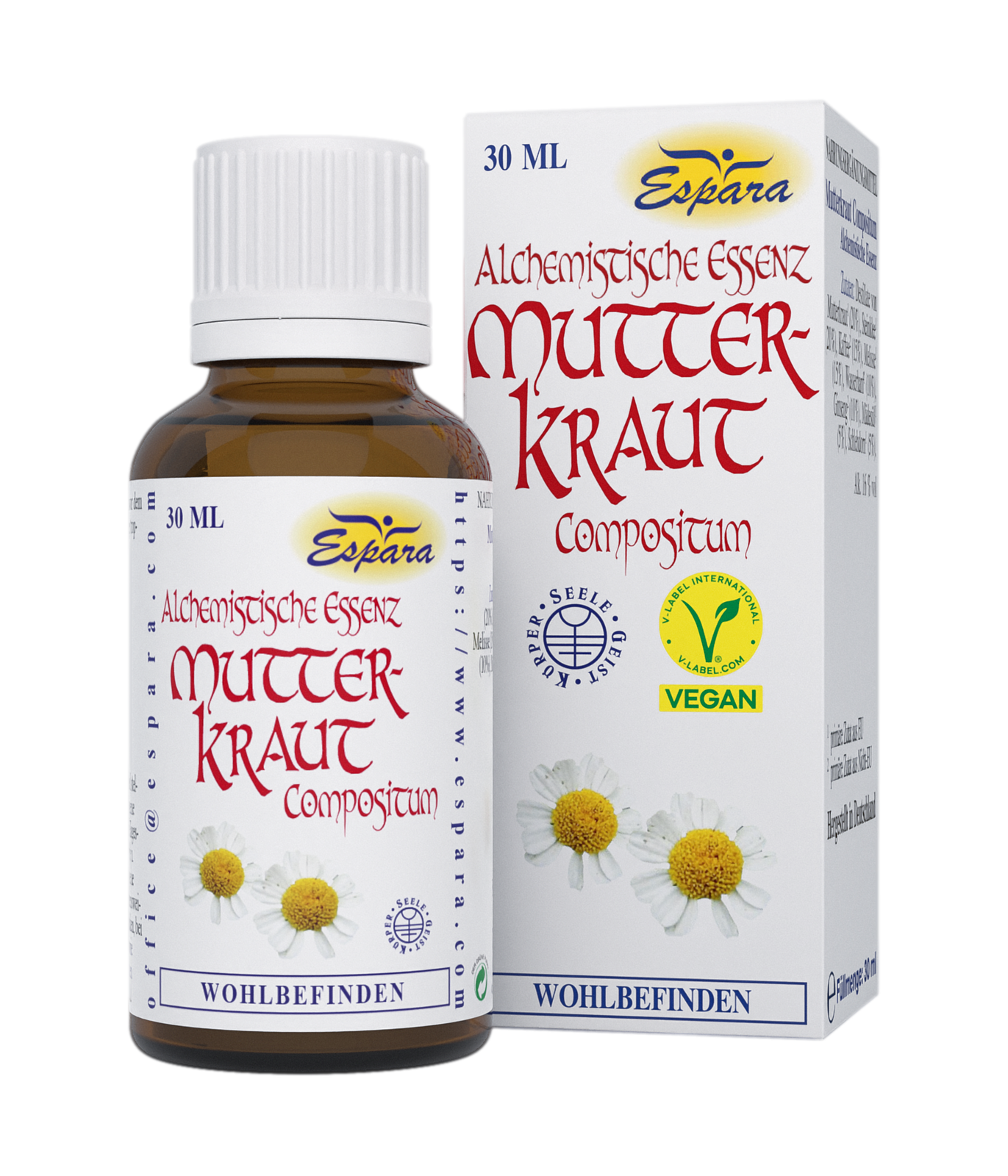 Braunglasflasche mit alchemistischer Essenz Mutterkraut, 30 ml, umgeben von einer weißen Verpackung mit gelben und roten Schriftzügen und einem Blumenmotiv.
