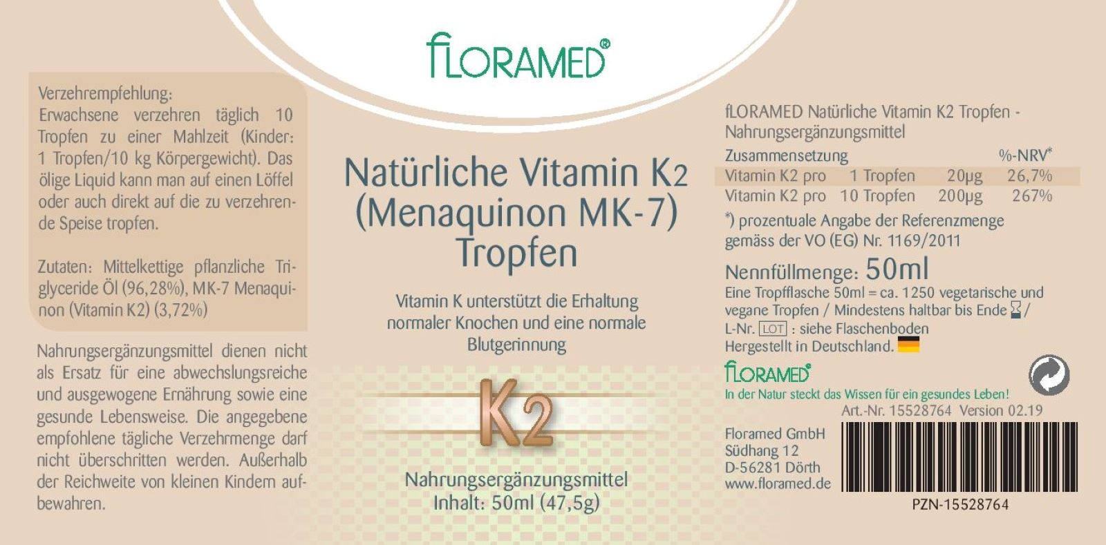 Floramed Vitamin D2 (Menaquinon MK-7) Tropfen natürlich