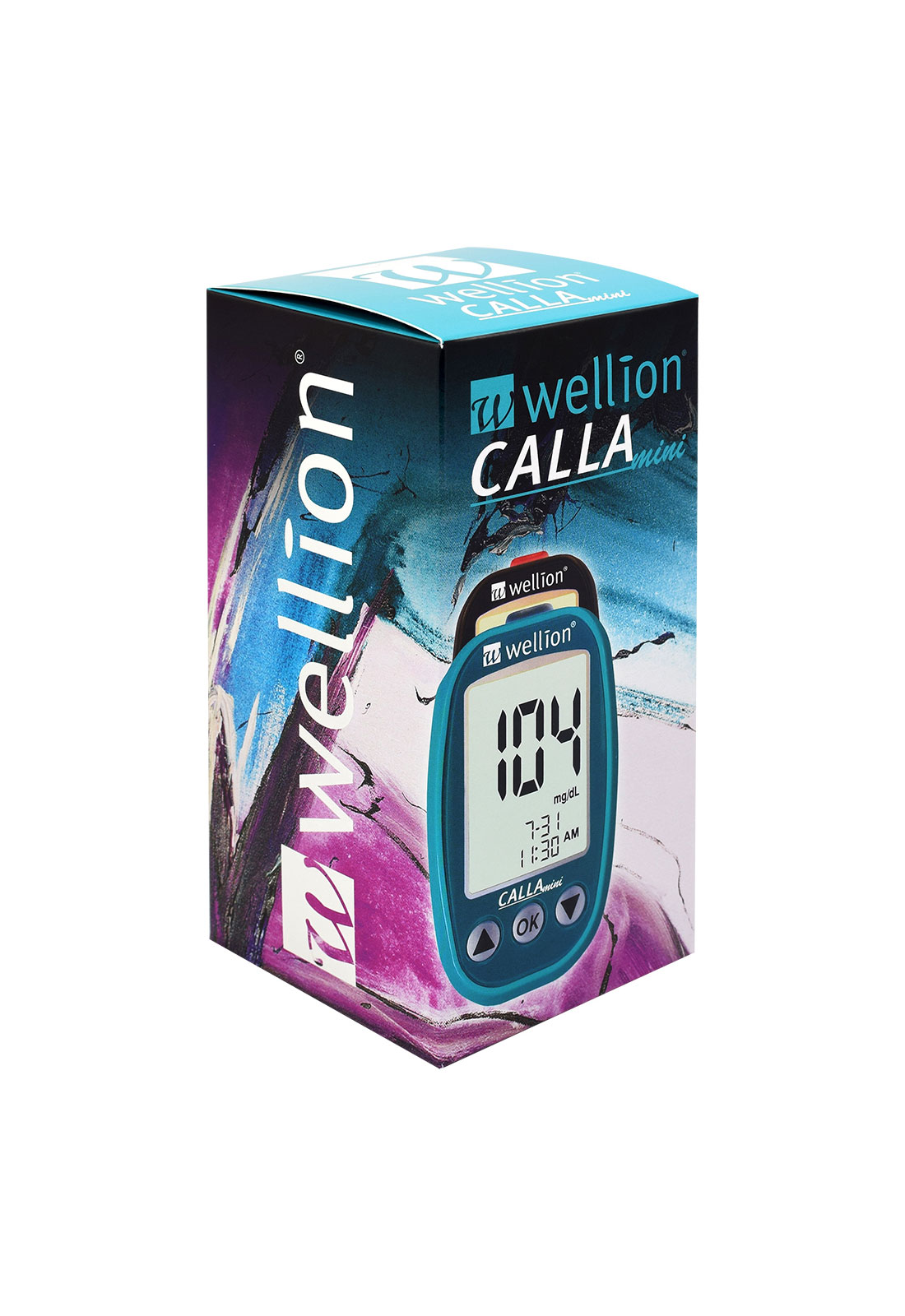 Verpackung eines Wellion CALLA Blutzuckermessgeräts mit digitaler Anzeige.