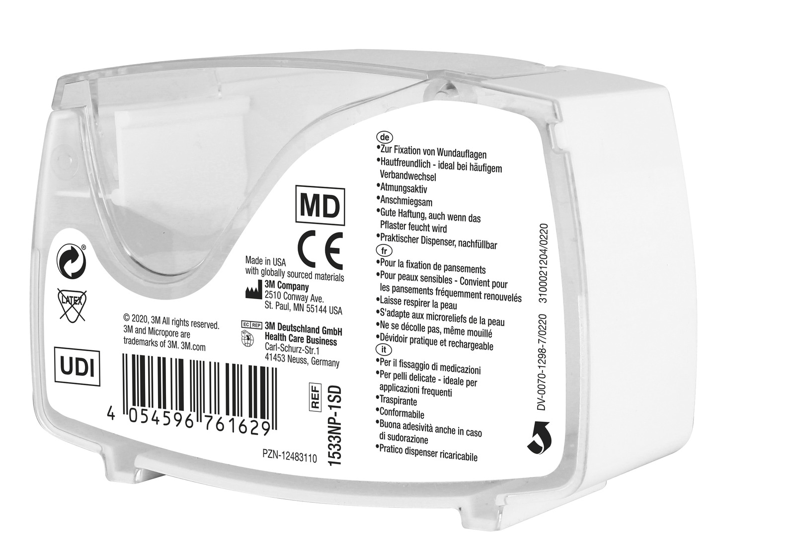 3M™ Micropore™ Hypoallergenes Vliespflaster, 1533NP-1, weiß, mit Abroller, 2.5cm x 5m